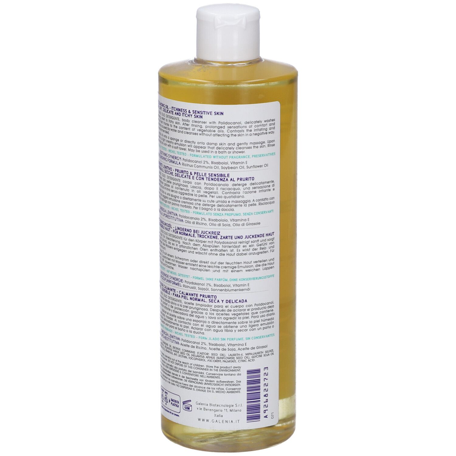 Retro di flacone Lenus Olio Detergente. Marchio Galenia Skin Care. Per pelli normali, secche e sensibili. Contenuto: 400 ml.