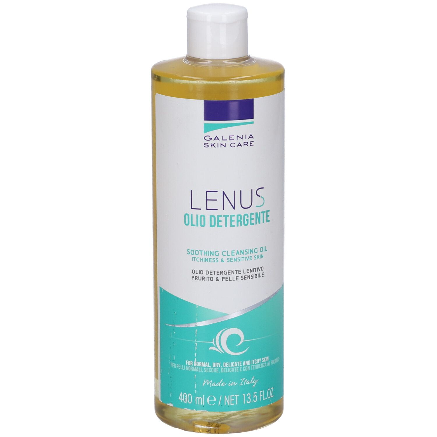 Flacone di Lenus Olio Detergente. Marchio Galenia Skin Care. Per pelli normali, secche e sensibili. Contenuto: 400 ml.