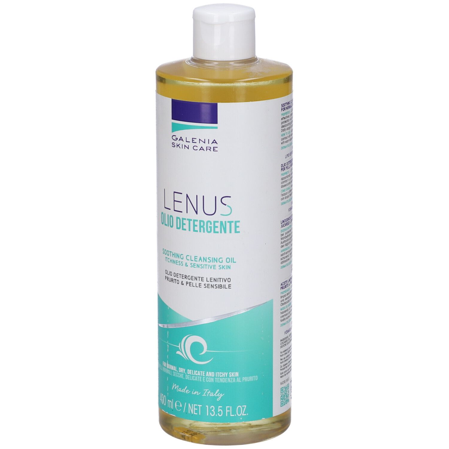 Flacone di Lenus Olio Detergente. Marchio Galenia Skin Care. Per pelli normali, secche e sensibili. Contenuto: 400 ml.