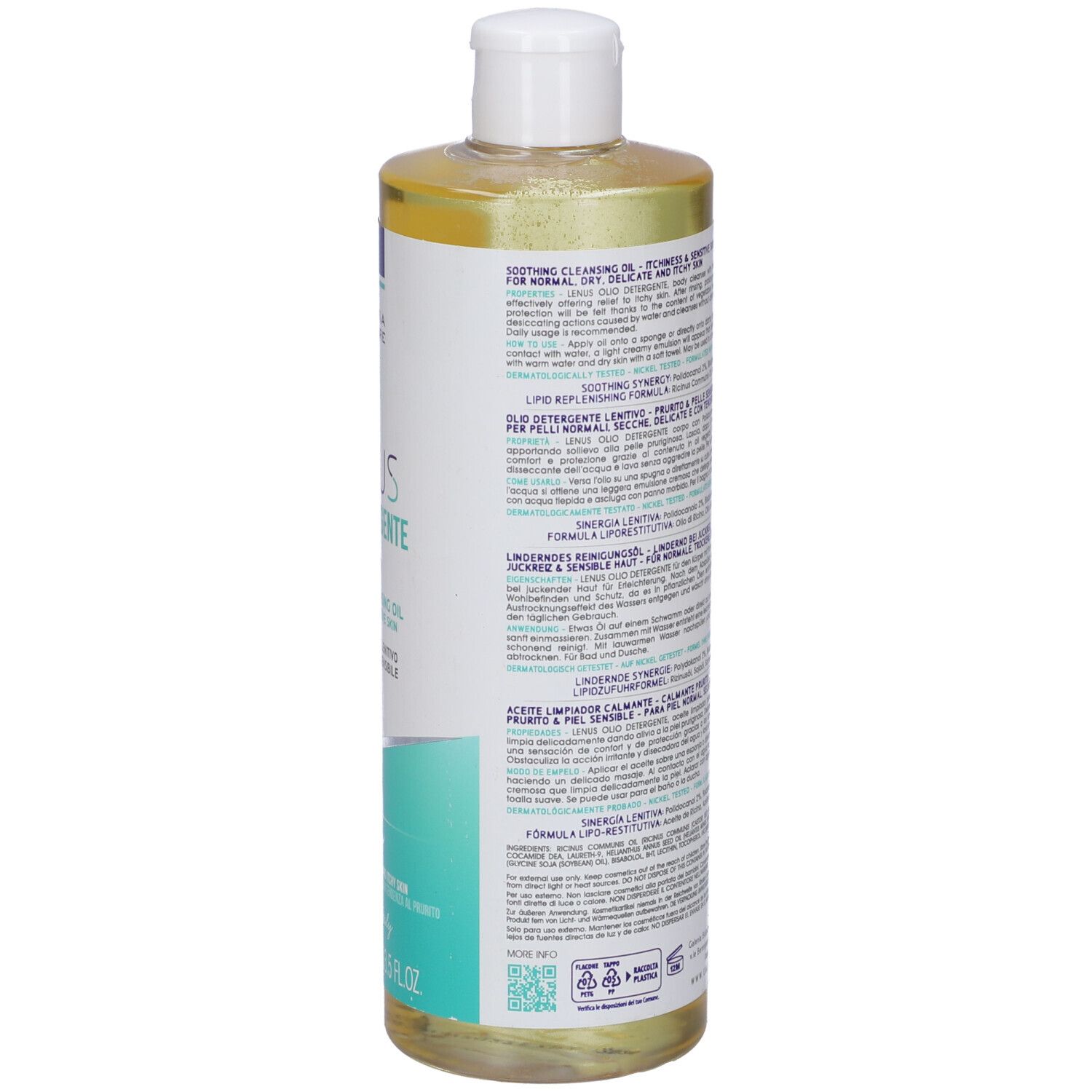 Retro di flacone Lenus Olio Detergente. Marchio Galenia Skin Care. Per pelli normali, secche e sensibili. Contenuto: 400 ml.