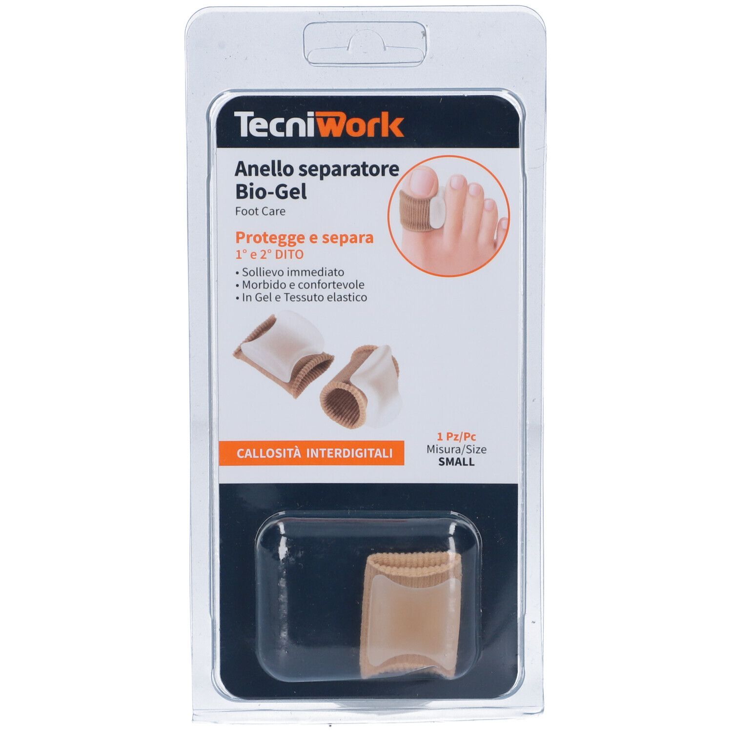 Bio-Gel Anello Separatore. Zehenspreizer in Blisterverpackung. Beige und transparent. Kleines Format.