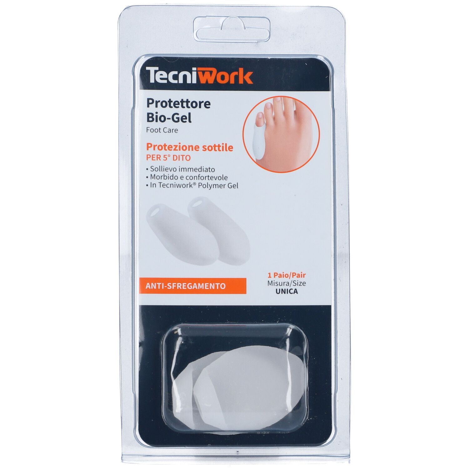 Verpackung mit zwei weißen Tecniwork Bio-Gel-Zehenschützern. Text: Protezione sottile per 5° dito, Anti-Sprengung, Misura Unica.