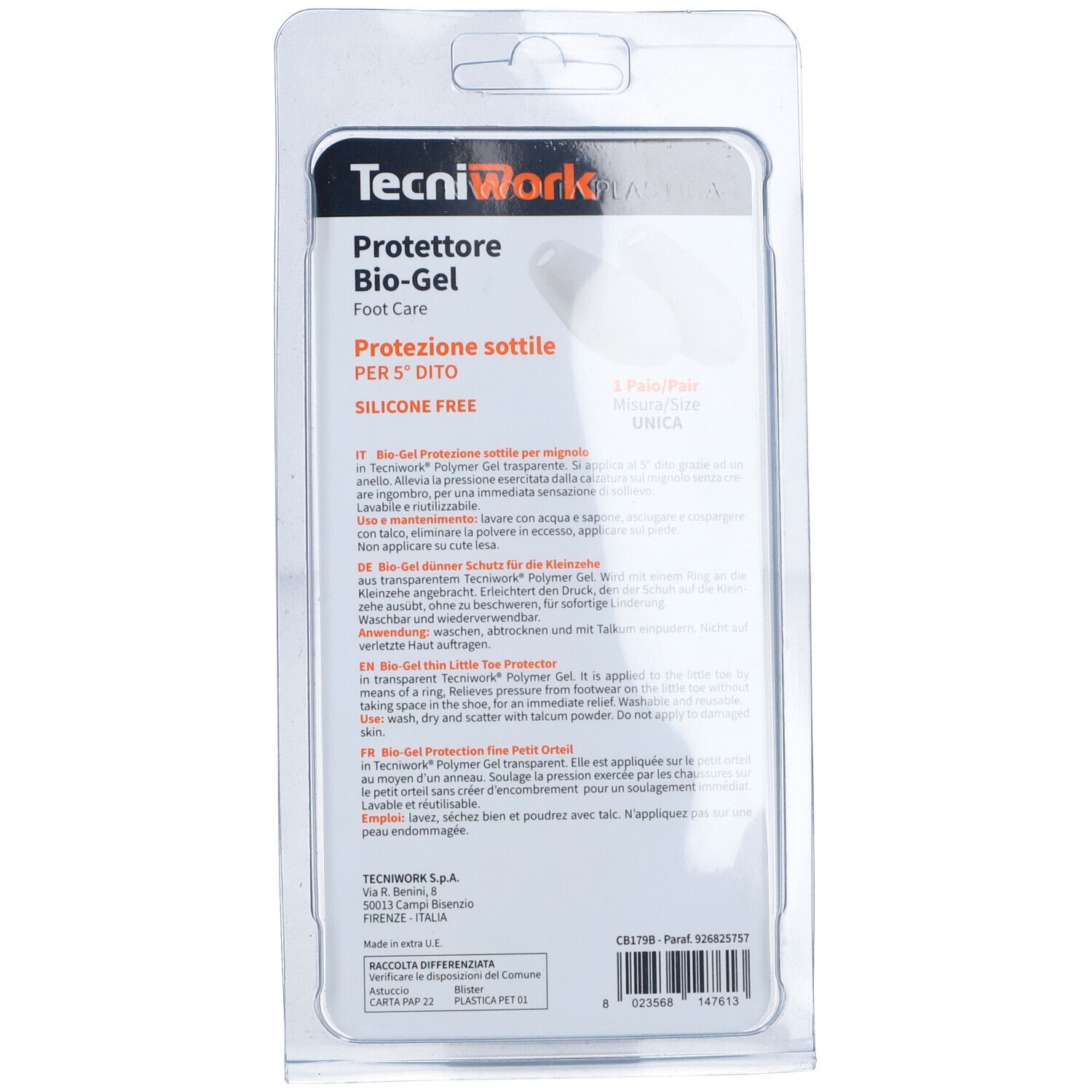 Rückseite der Tecniwork Biogel-Verpackung. Text: Protezione sottile per 5° dito, Silikonfrei. Produktbeschreibung in Deutsch, Englisch, Französisch.