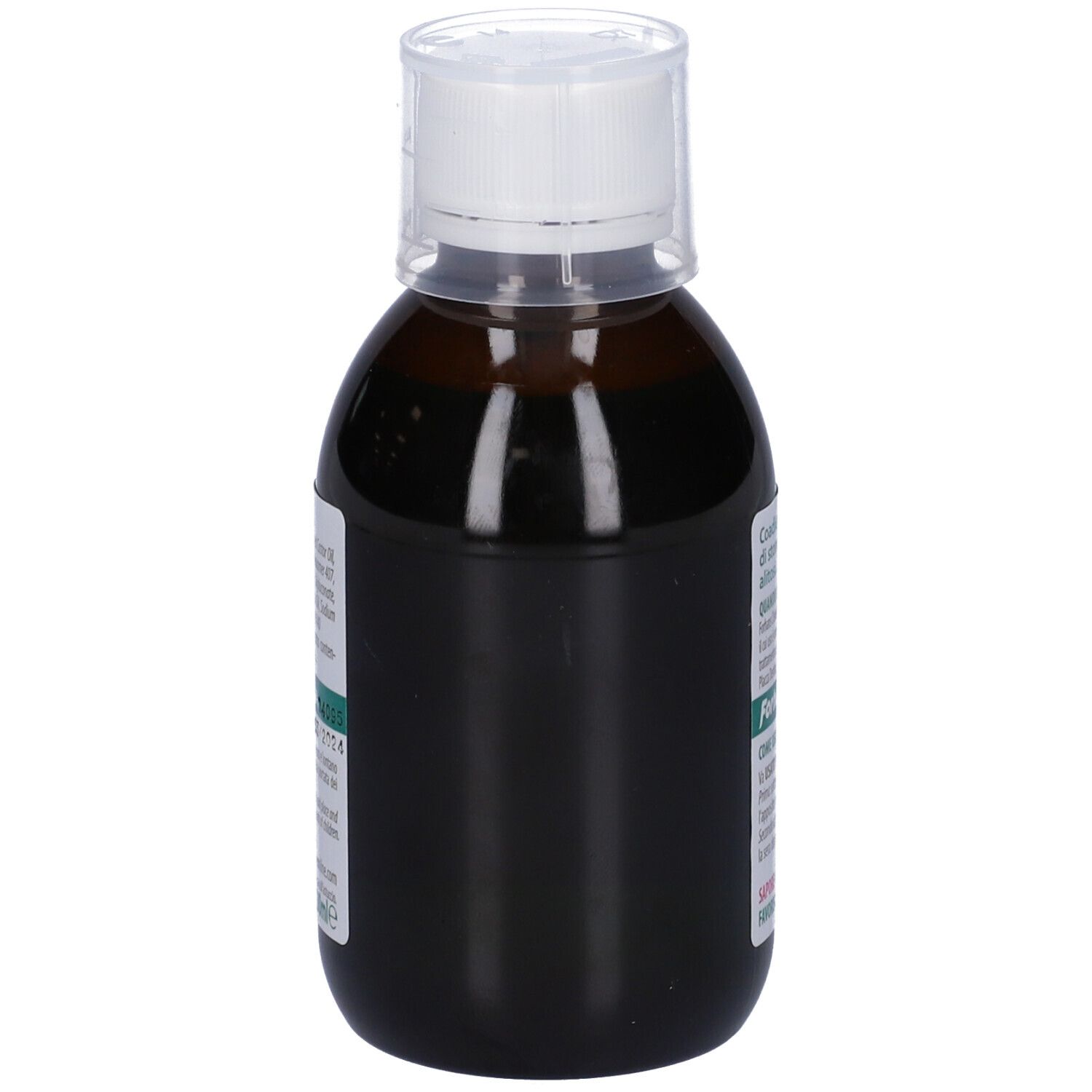 Braune Flasche mit weißem Deckel. Aufschrift: Forhans Clexidin. Rückseite mit Inhaltsstoffen.