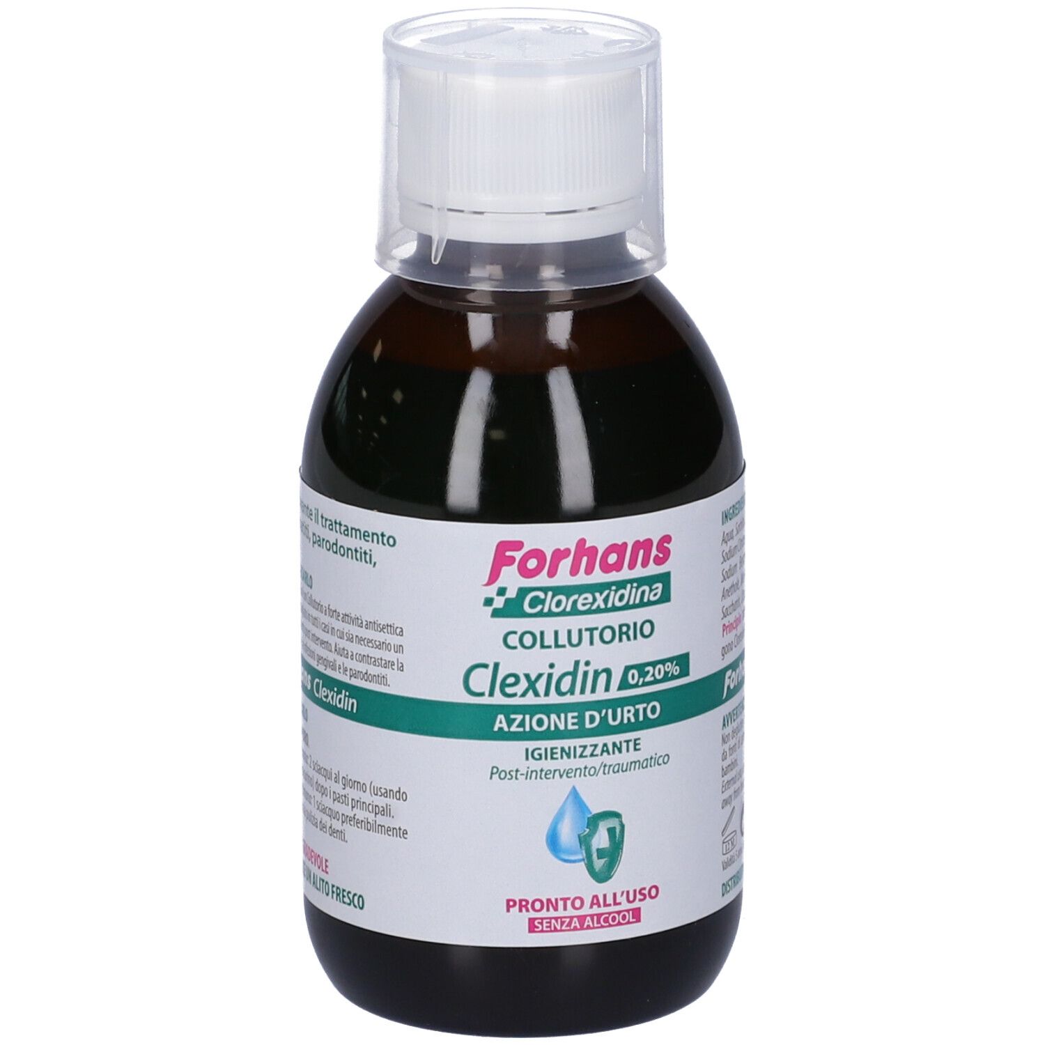Braune Flasche mit weißem Deckel. Aufschrift: Forhans Clexidin, 0,20%.