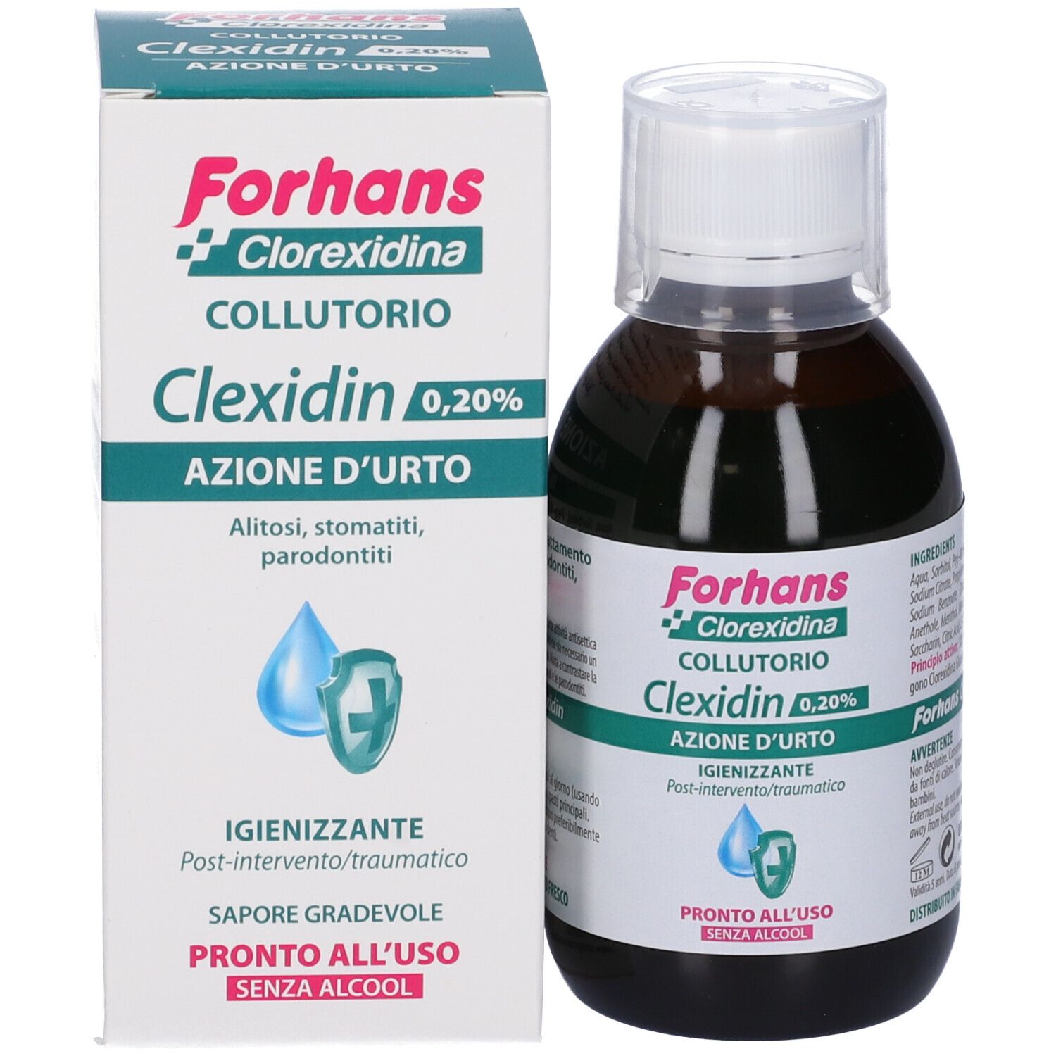 Mundwasserflasche und Schachtel. Aufschrift: Forhans Clexidin, 0,20%.