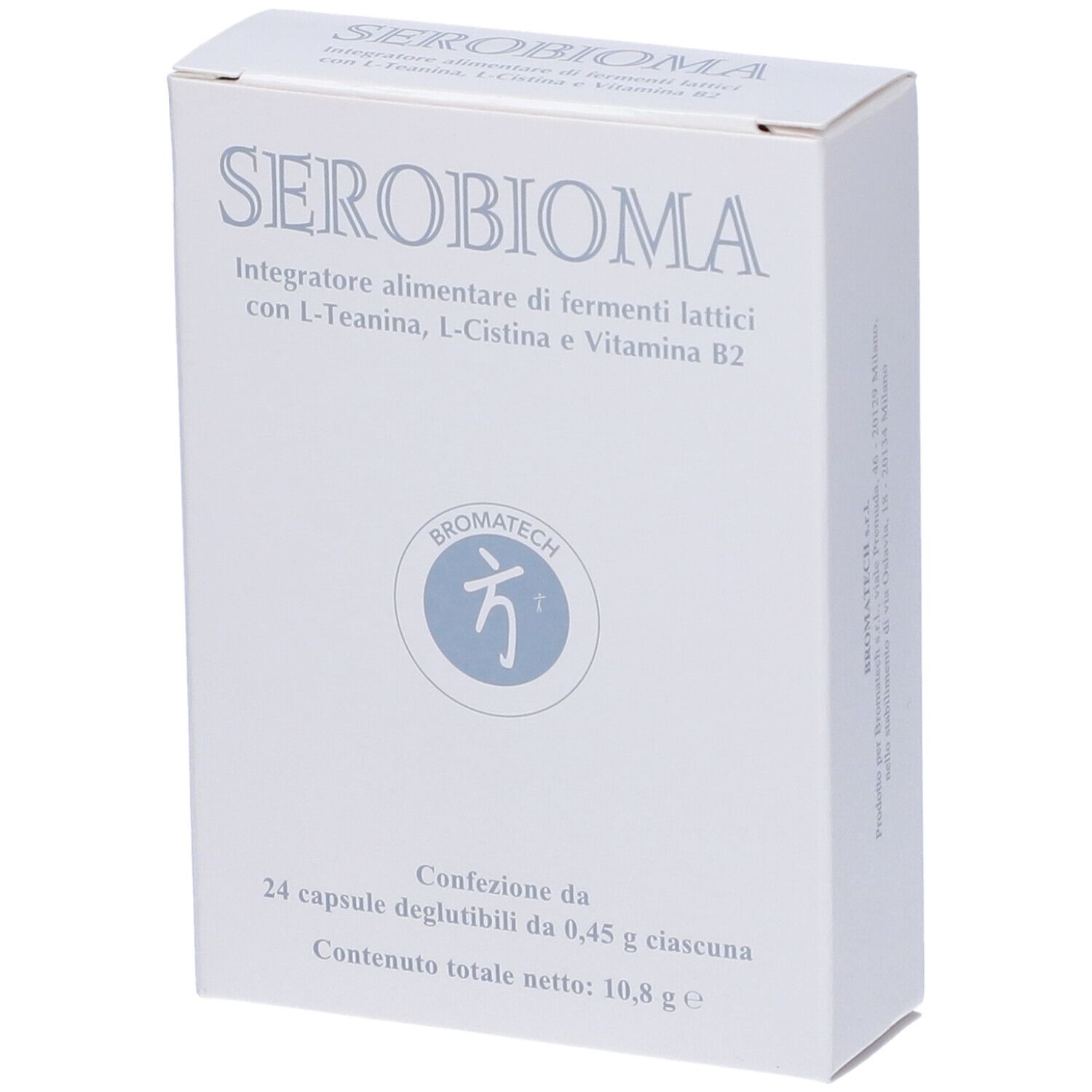 Scatola bianca SEROBIOMA. Contiene 24 capsule. Scritto: Integratore alimentare di fermenti lattici con L-Teanina, L-Cistina e Vitamina B2.