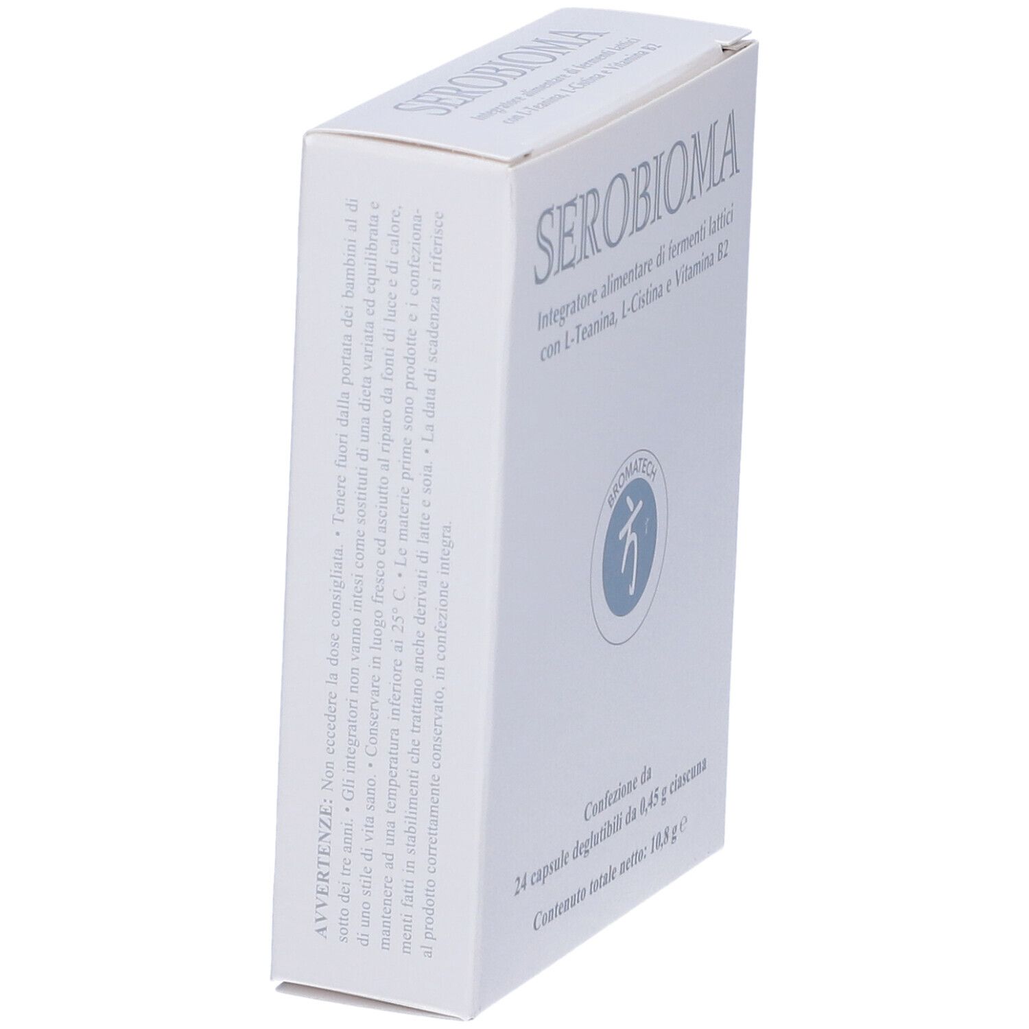 Scatola SEROBIOMA bianca, angolata. Scritto: Integratore alimentare di fermenti lattici. Logo Bromatech. Contiene 24 capsule.