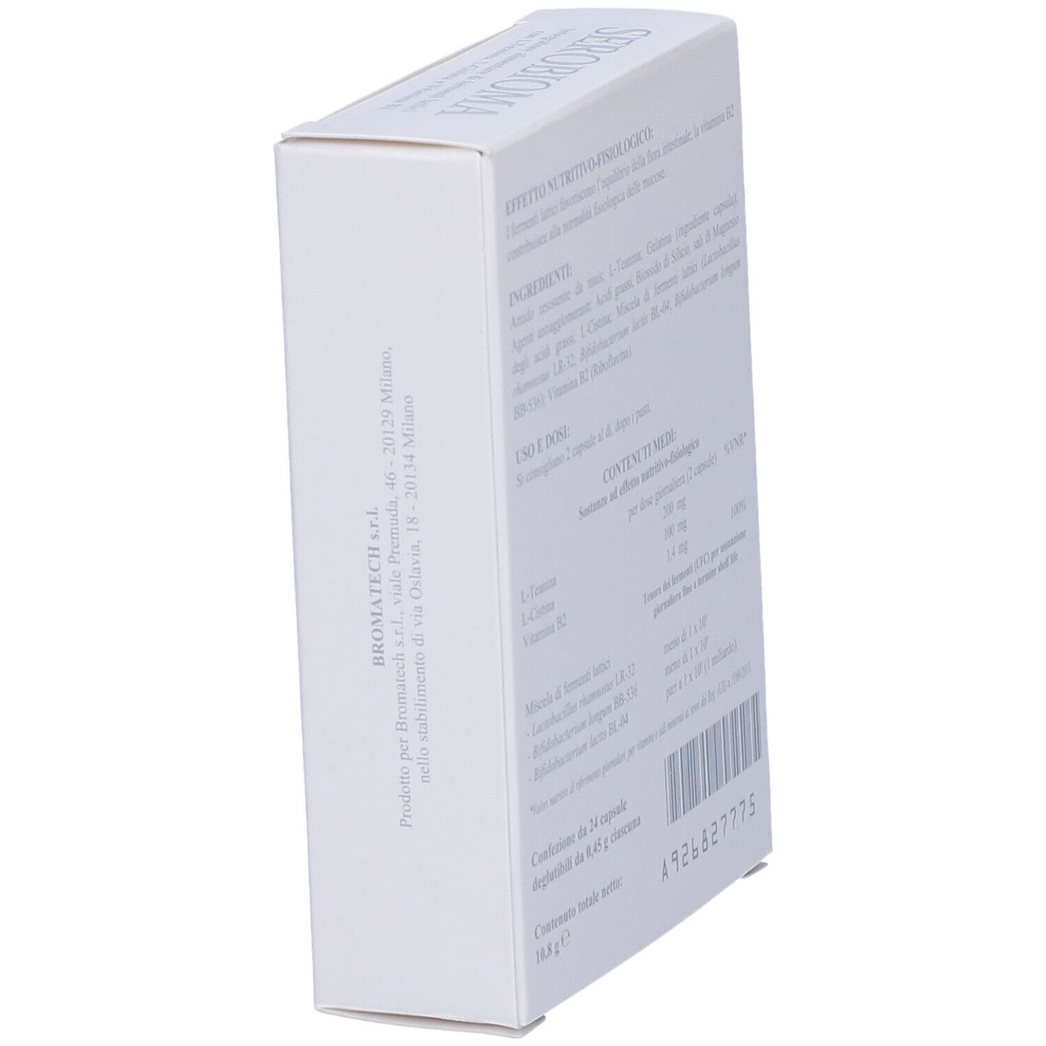 Scatola SEROBIOMA angolata. Testo e codice a barre sul lato. Indirizzo del produttore.