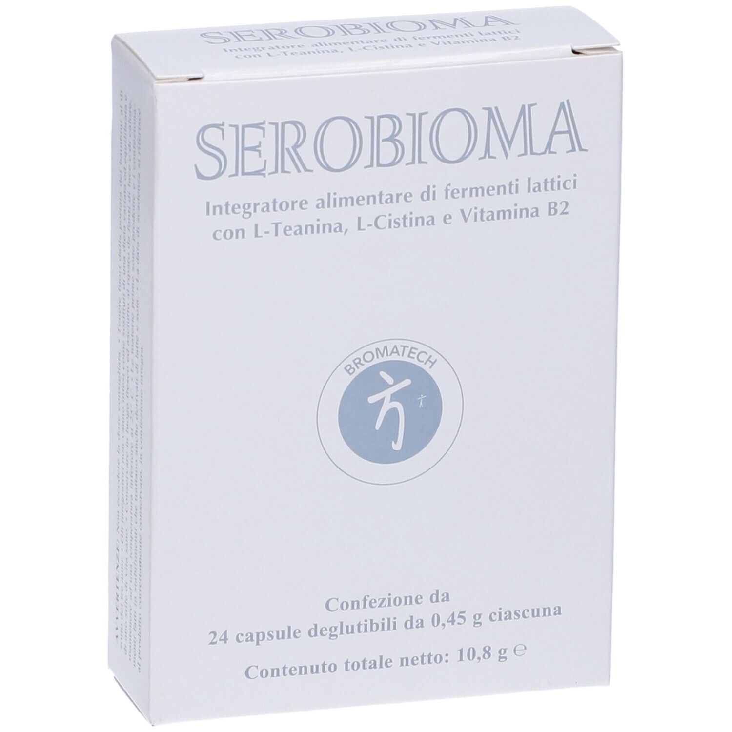 Scatola bianca SEROBIOMA. Scritto: Integratore alimentare di fermenti lattici. Logo Bromatech. Contiene 24 capsule.