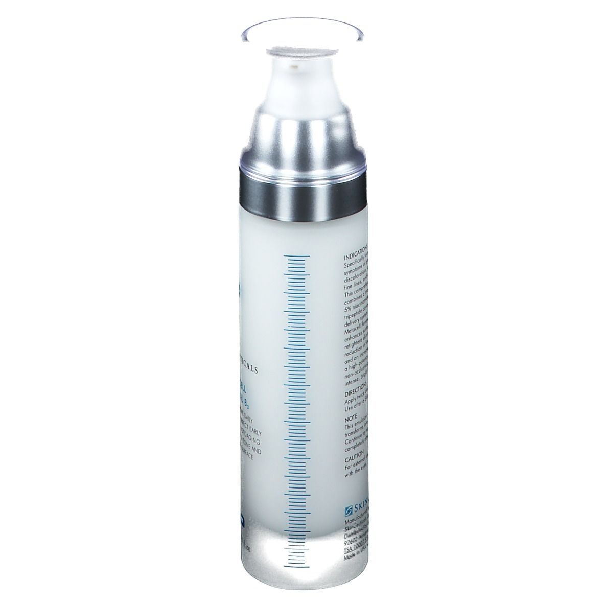Flacone bianco con dosatore, SkinCeuticals Metacell Renewal B3. Scritta: Correct, 50 ml / 1.7 fl oz.
