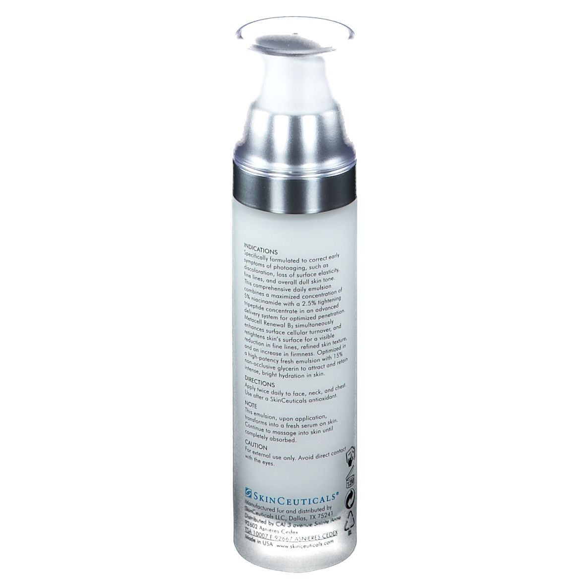 Flacone bianco con dosatore, SkinCeuticals Metacell Renewal B3. Scritta: Correct, 50 ml / 1.7 fl oz.