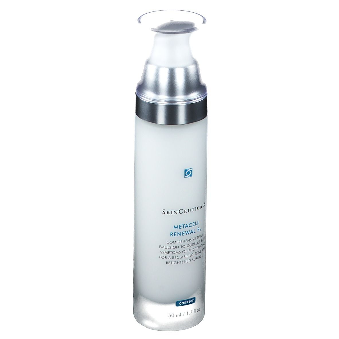 Flacone bianco con dosatore, SkinCeuticals Metacell Renewal B3. Scritta: Correct, 50 ml / 1.7 fl oz.