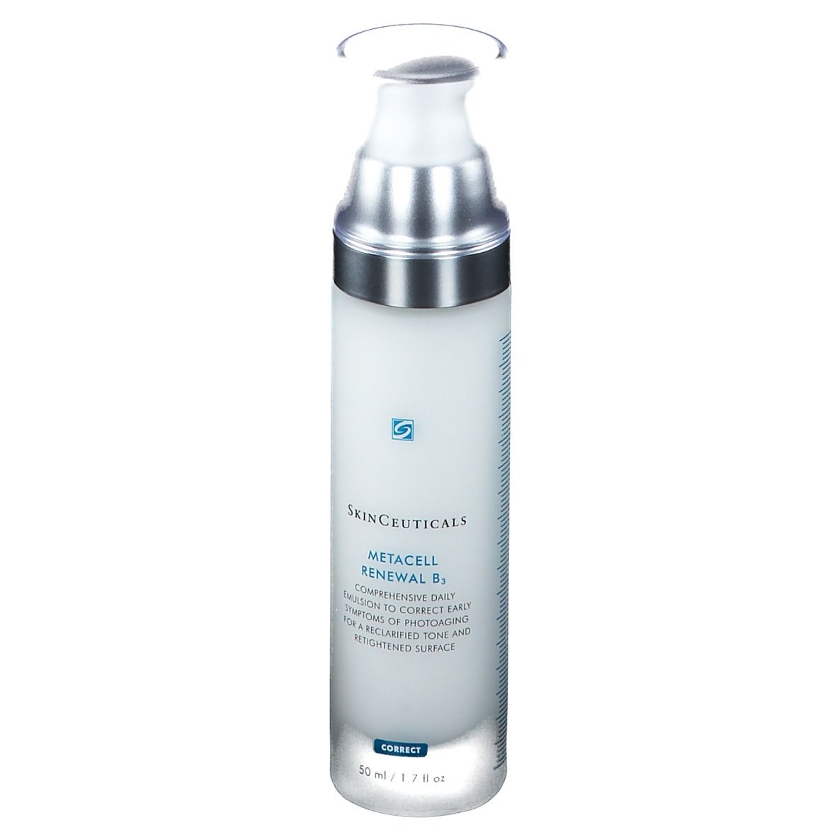Flacone bianco con dosatore, SkinCeuticals Metacell Renewal B3. Scritta: Correct, 30 ml / 1 fl oz.