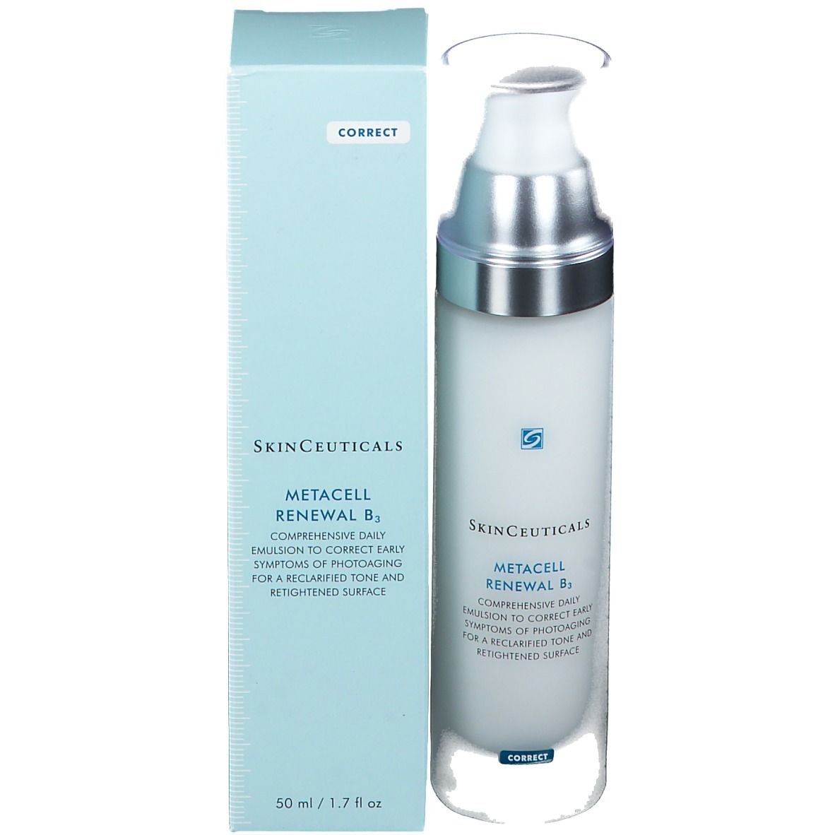 SkinCeuticals Metacell Renewal B3, flacone e scatola. Scritta: Correct, 50 ml / 1.7 fl oz.
