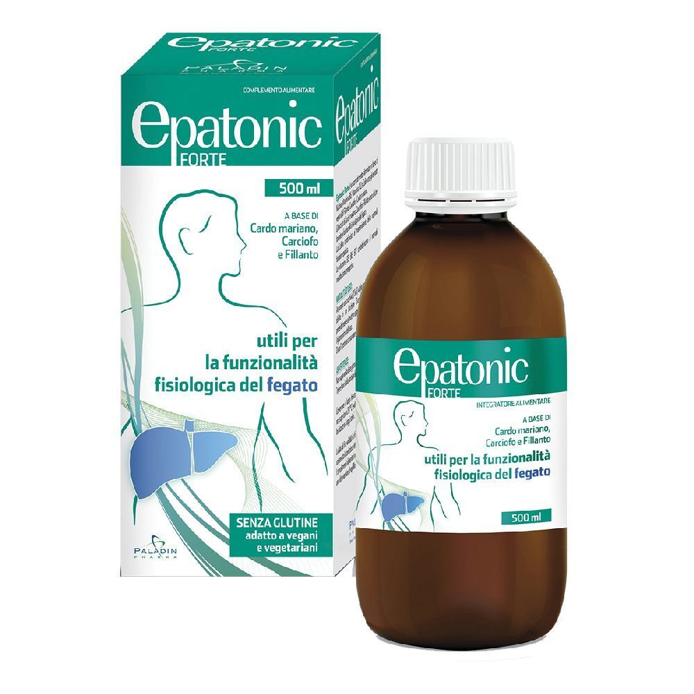 Bottiglia e scatola marroni con testo. Scritta: Epatonic Forte. Contiene Cardo mariano, Carciofo e Filanto. Utile per la funzionalità epatica.