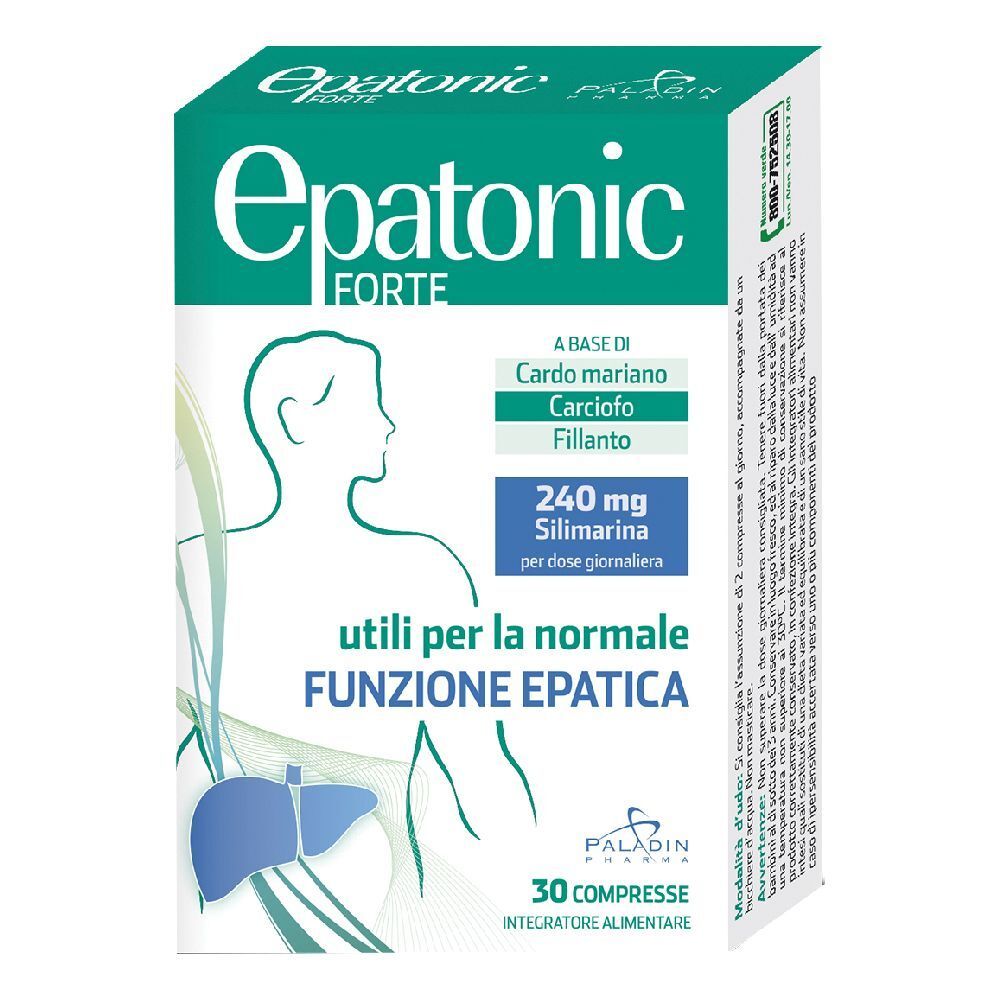 Confezione di Epatonic Forte. Campo verde e bianco con nome del prodotto e ingredienti. Contiene 30 compresse.