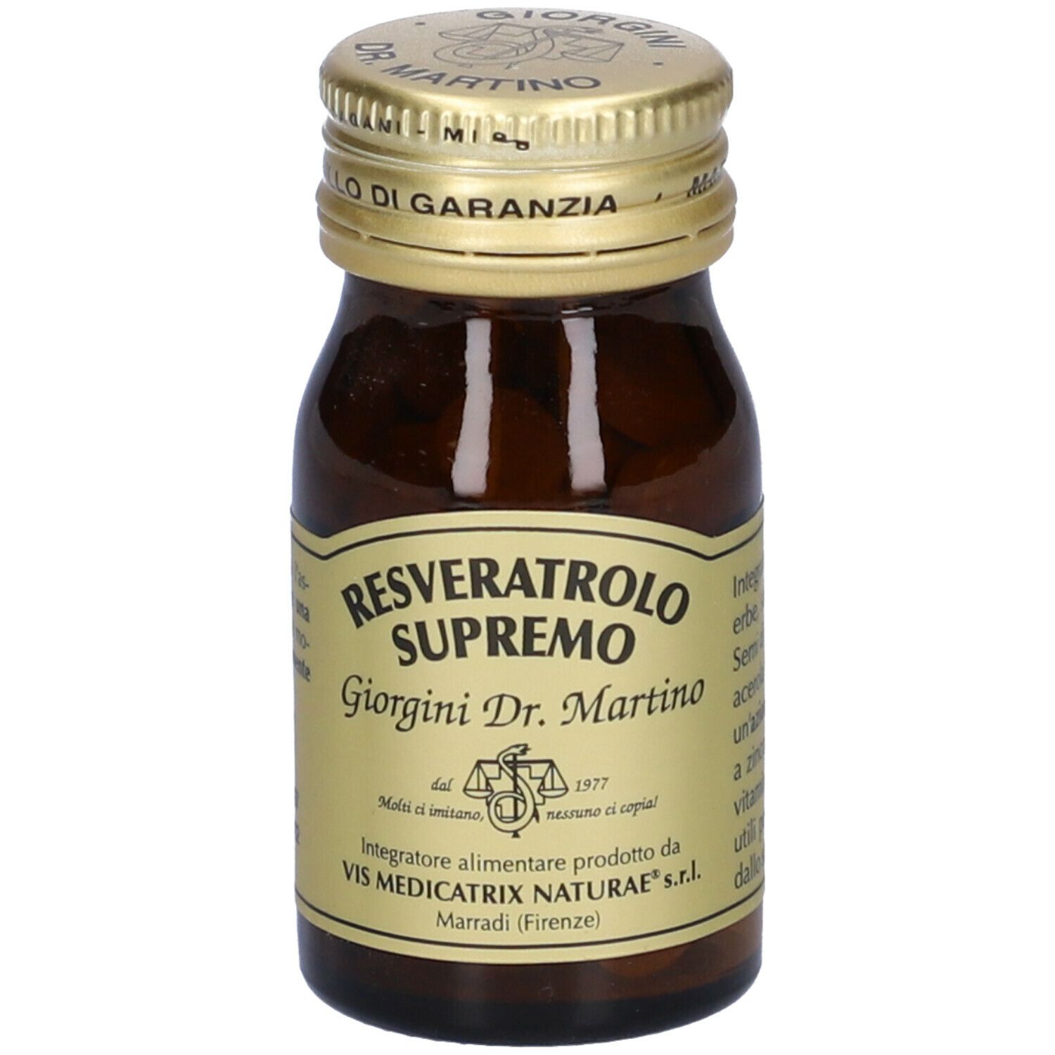 Flacone di vetro marrone con tappo dorato ed etichetta. L'etichetta riporta "Resveratrolo Supremo" e "Giorgini Dr. Martino".