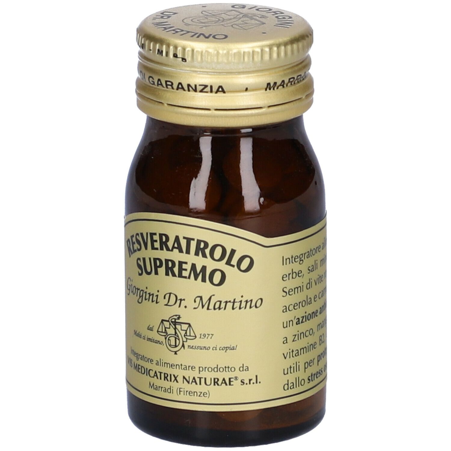 Flacone di vetro marrone con tappo dorato ed etichetta. L'etichetta riporta "Resveratrolo Supremo" e "Giorgini Dr. Martino".