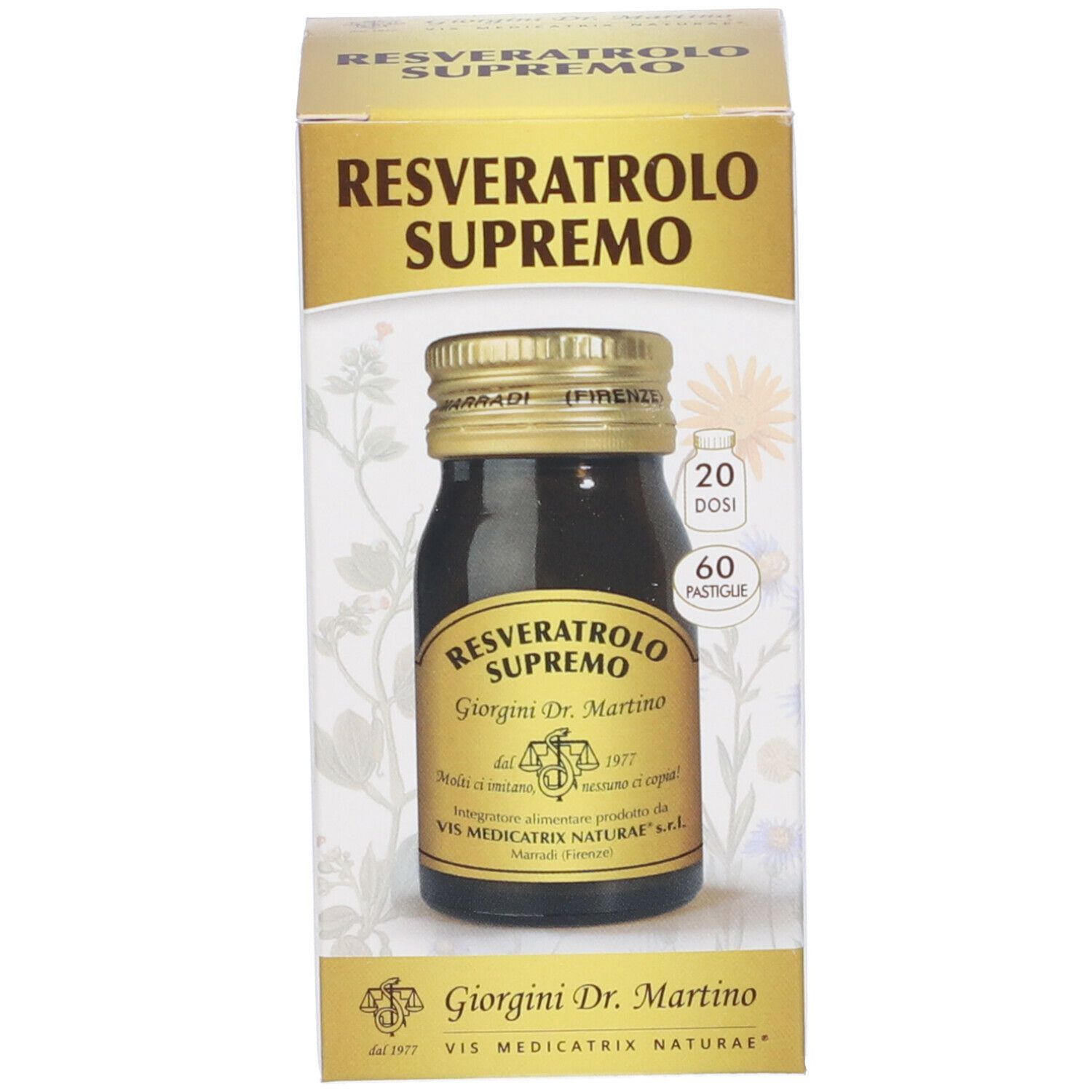 Confezione del prodotto con flacone e scatola. Sul flacone è scritto "Resveratrolo Supremo" e "Giorgini Dr. Martino".