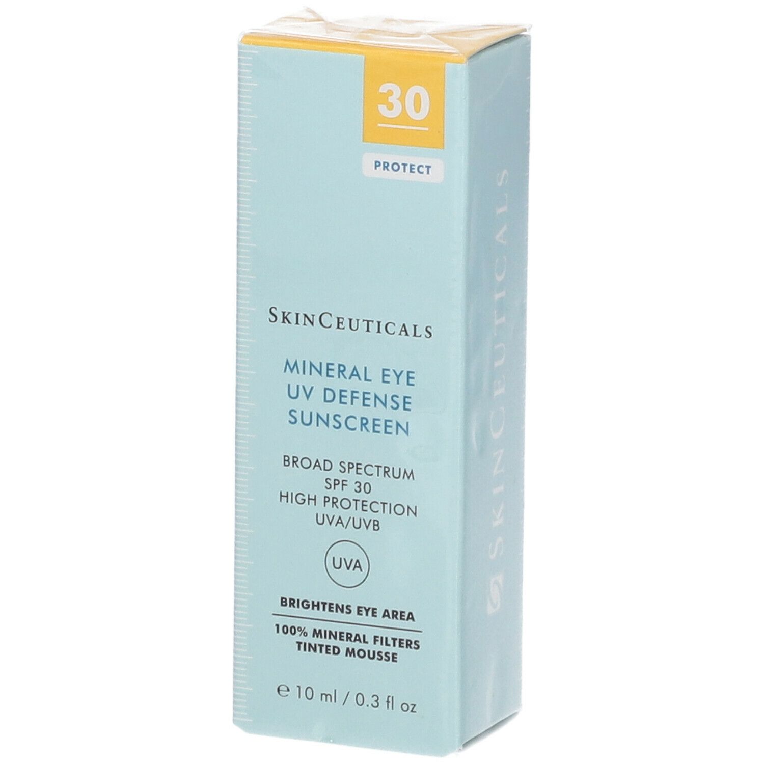 Hellblaue Schachtel mit Skinceuticals Mineral Eye Defense Sonnenschutz. SPF 30. Enthält 10 ml. Text: Brightens Eye Area, 100% Mineral Filters.