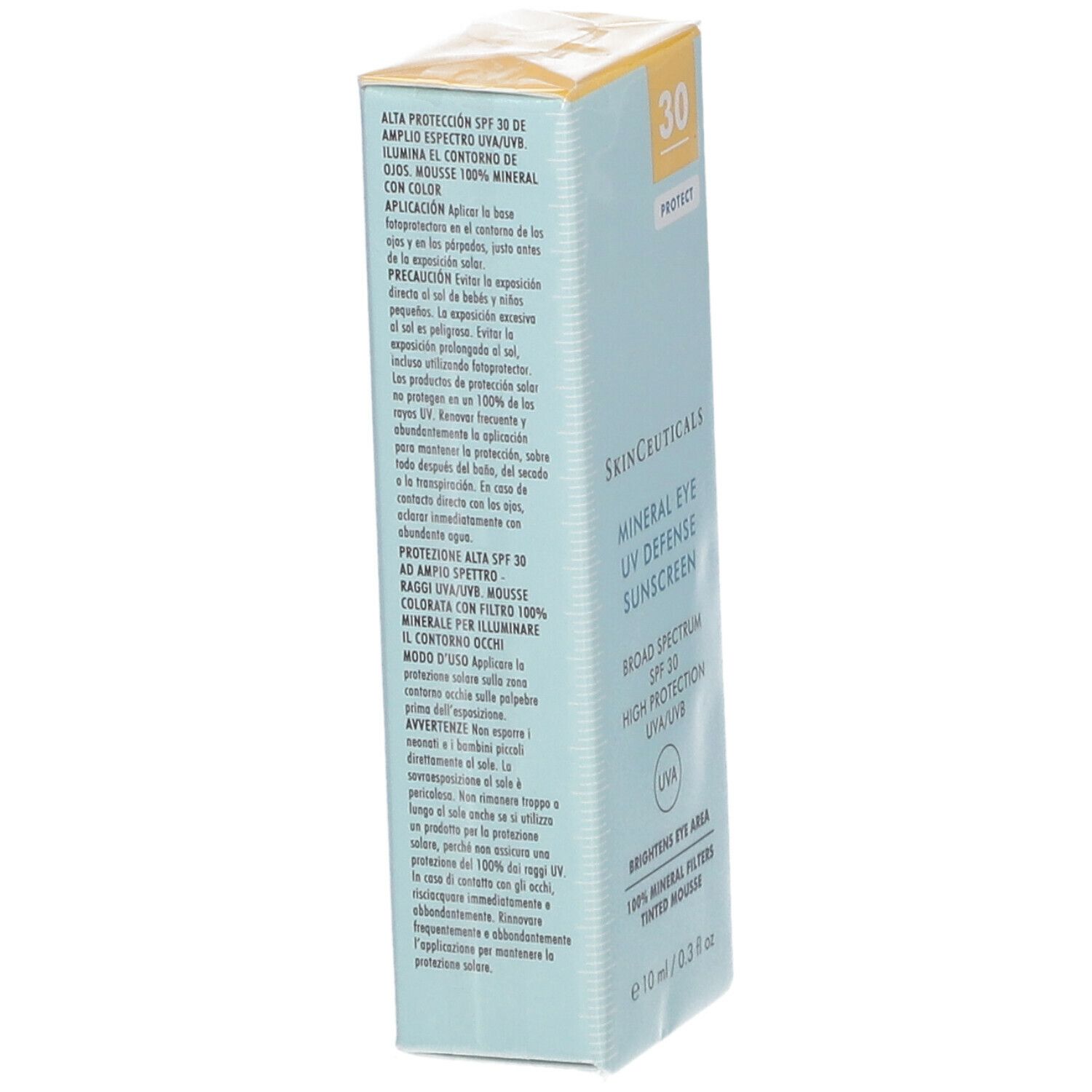 Rückseite der hellblauen Schachtel mit Skinceuticals Mineral Eye Defense Sonnenschutz. Text in mehreren Sprachen. Enthält 10 ml.