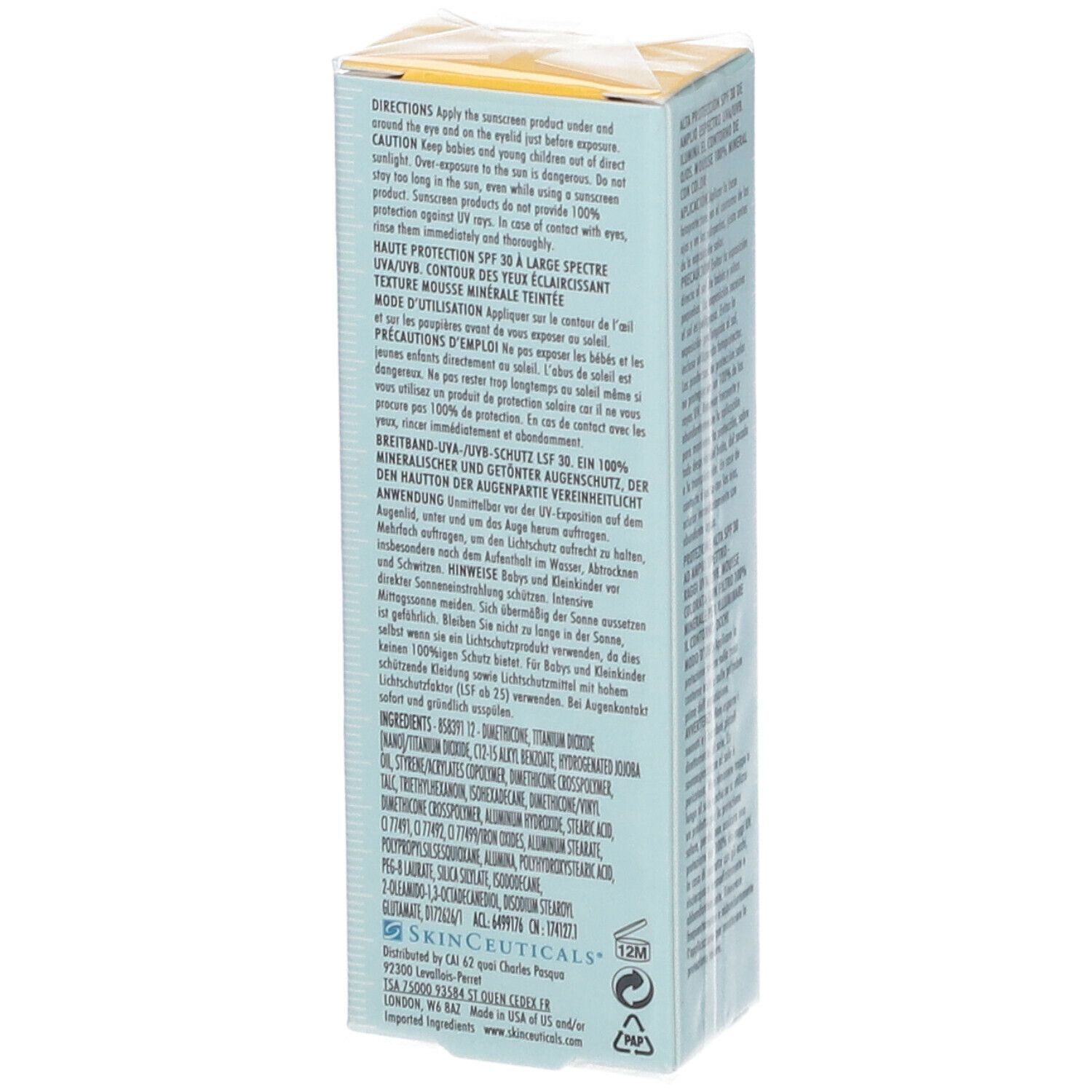 Seitenansicht der hellblauen Schachtel mit Skinceuticals Mineral Eye Defense Sonnenschutz. Text in mehreren Sprachen. Enthält 10 ml.