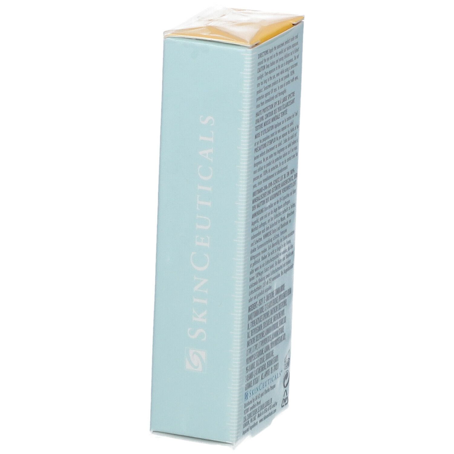 Vorderseite der hellblauen Schachtel mit Skinceuticals Mineral Eye Defense Sonnenschutz. SPF 30. Enthält 10 ml. Text: Brightens Eye Area.