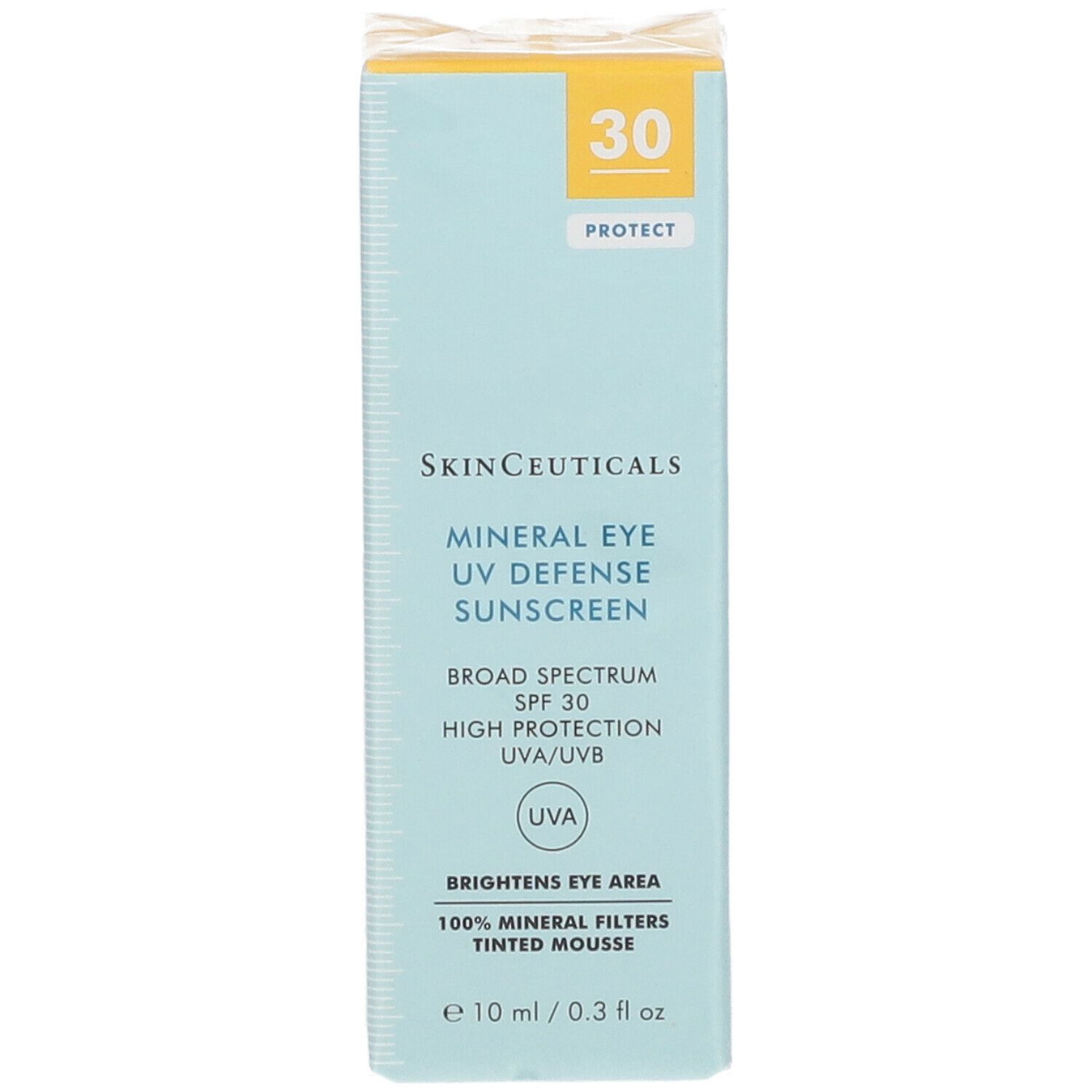 Mehrere hellblaue Schachteln mit Skinceuticals Mineral Eye Defense Sonnenschutz. SPF 30. Enthält 10 ml. Text: Brightens Eye Area.