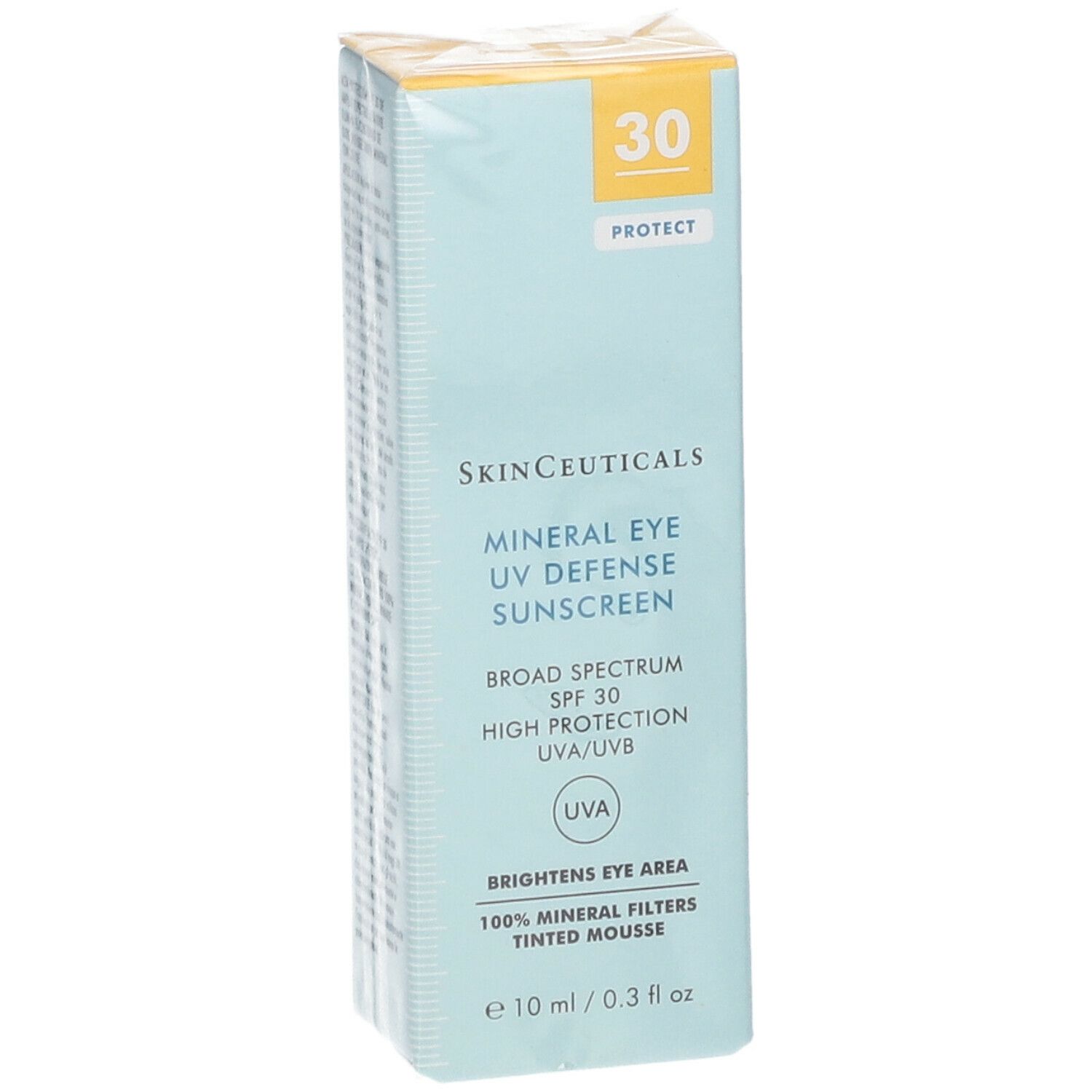Mehrere hellblaue Schachteln mit Skinceuticals Mineral Eye Defense Sonnenschutz. SPF 30. Enthält 10 ml. Text: Brightens Eye Area.