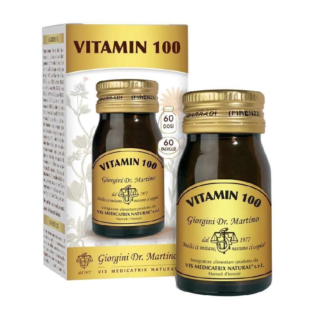 Flacone di vetro marrone con tappo dorato ed etichetta "Vitamin 100" e "Giorgini Dr. Martino". Accanto, confezione.
