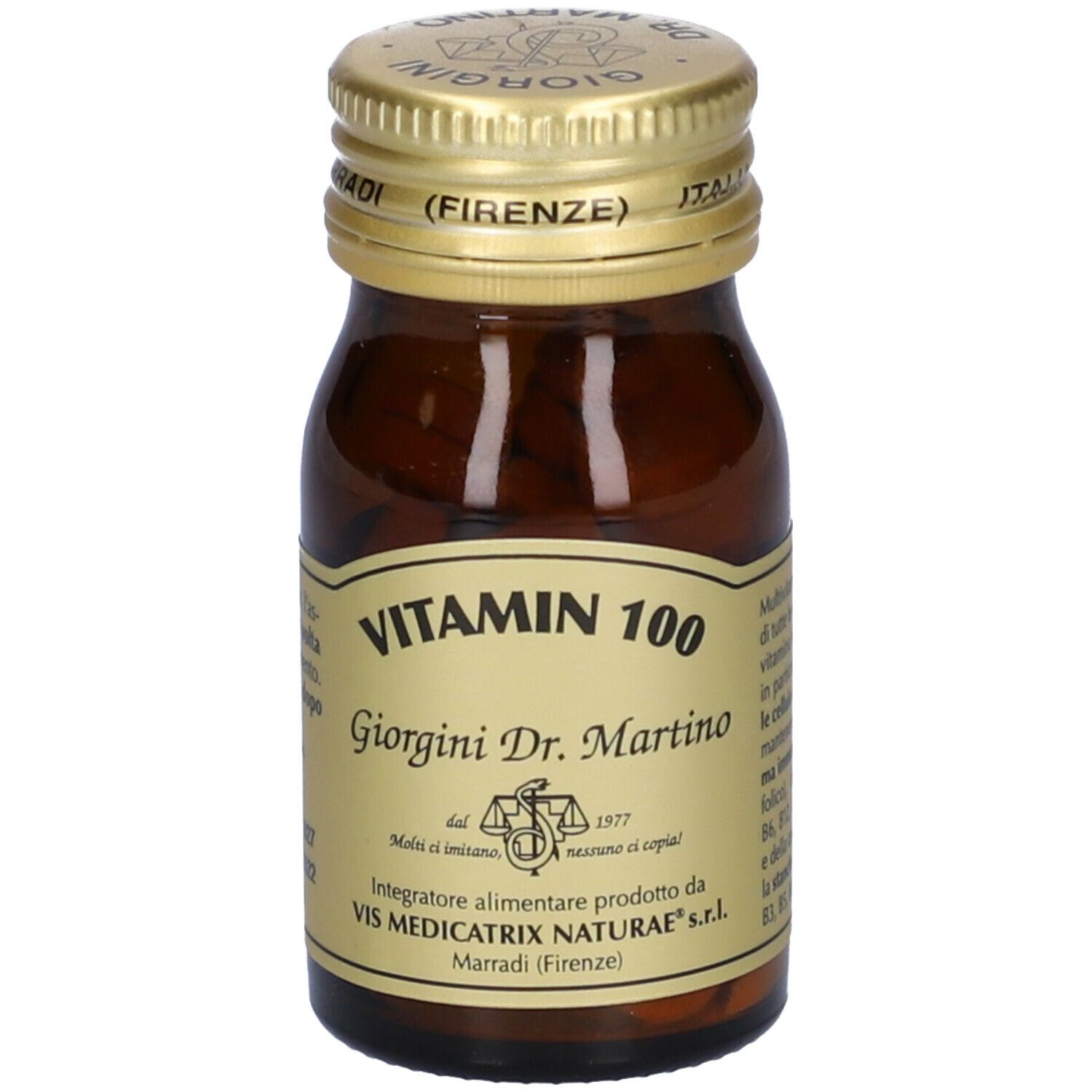 Flacone di vetro marrone con tappo dorato. Etichetta "Vitamin 100" e "Giorgini Dr. Martino".
