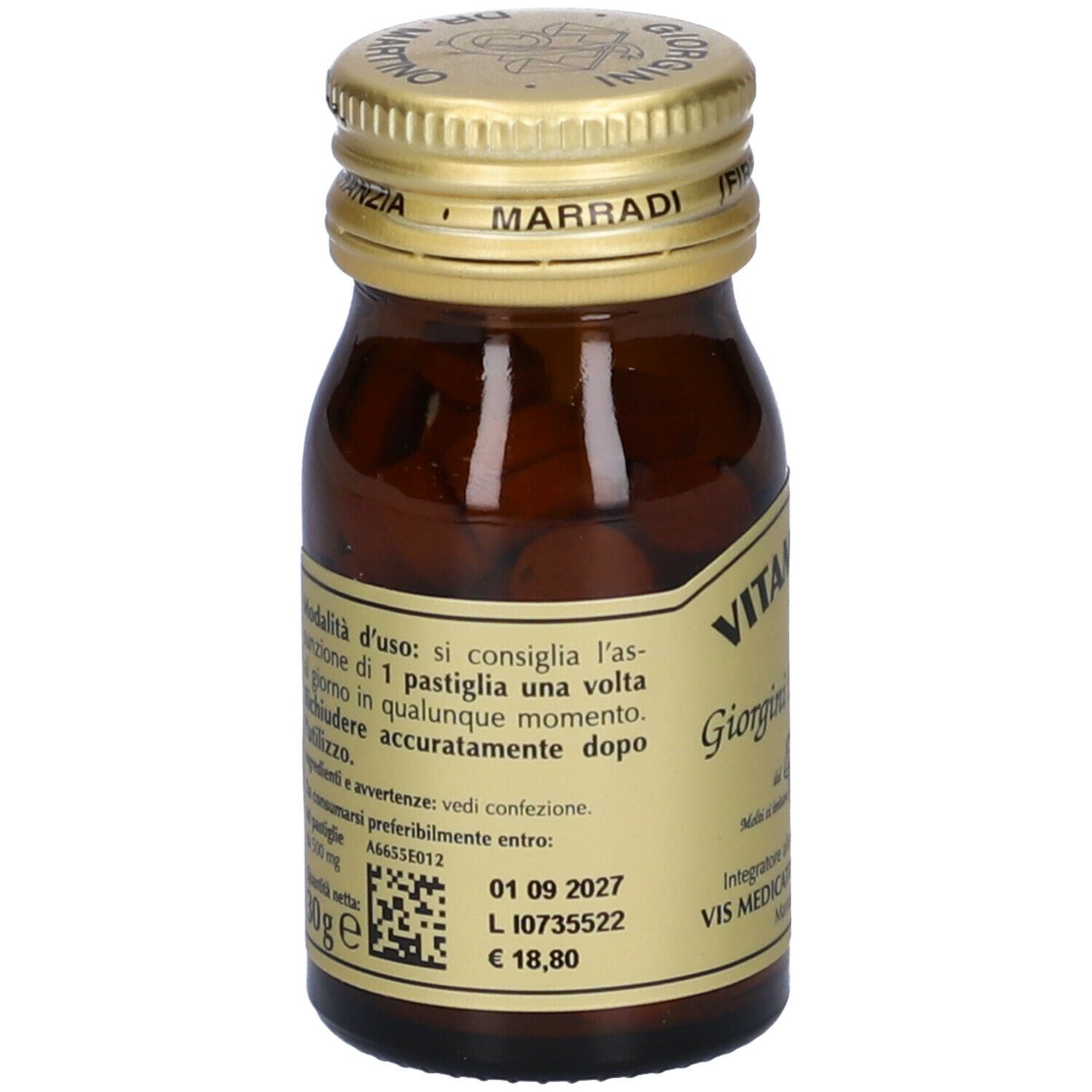 Flacone di vetro marrone con tappo dorato. Etichetta "Vitamin 100" e "Giorgini Dr. Martino".