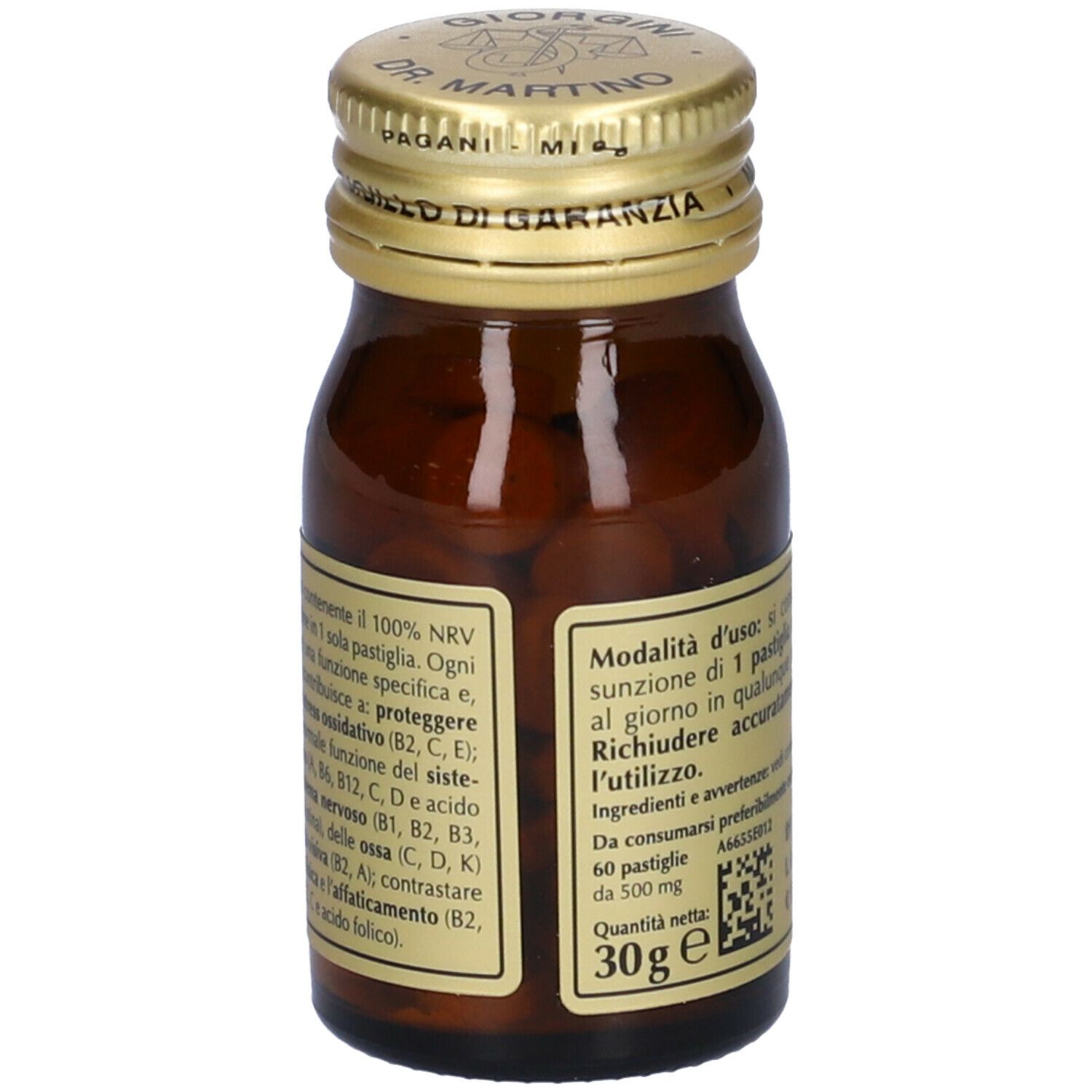 Flacone di vetro marrone con tappo dorato. Etichetta "Vitamin 100" e "Giorgini Dr. Martino".