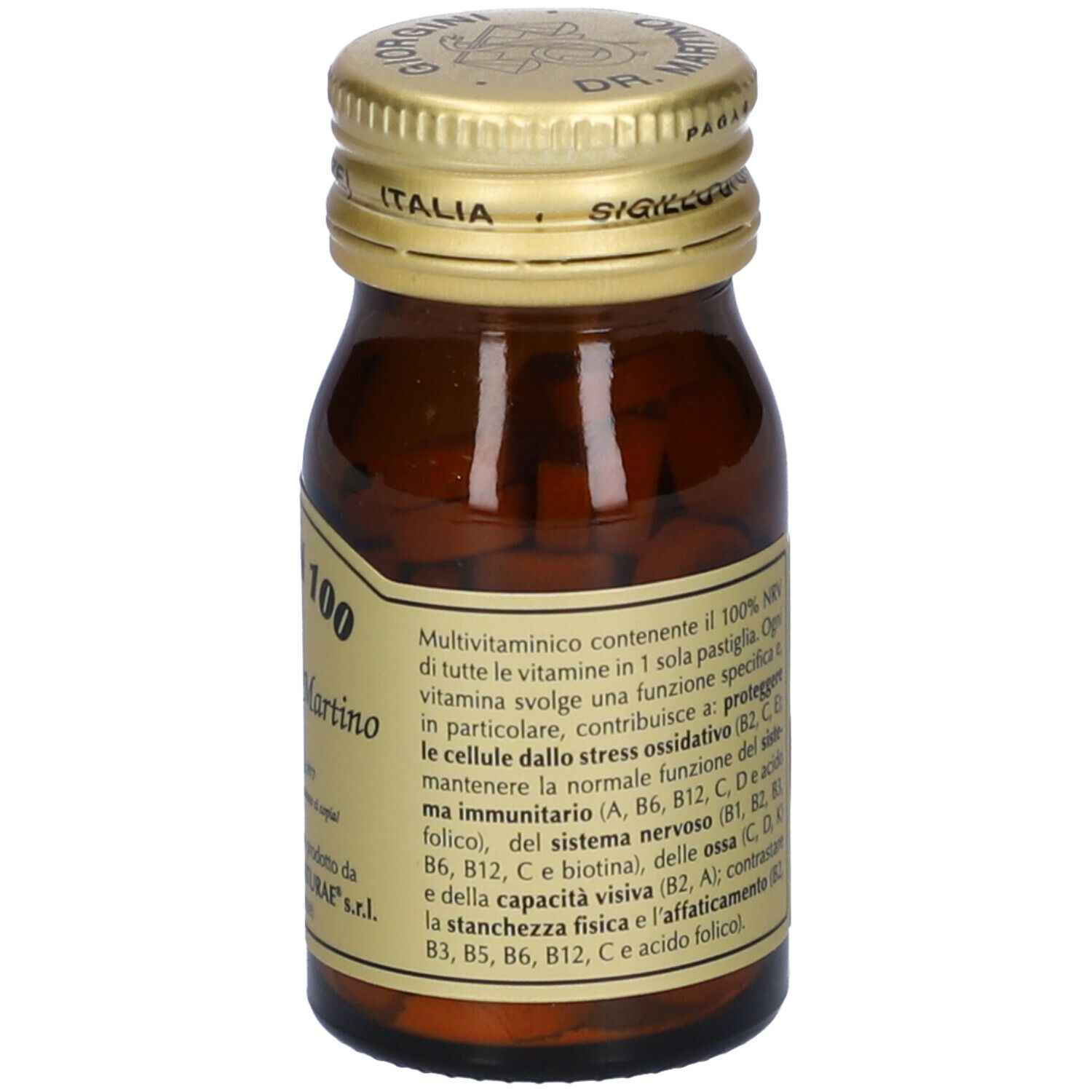 Flacone di vetro marrone con tappo dorato. Etichetta "Vitamin 100" e "Giorgini Dr. Martino".