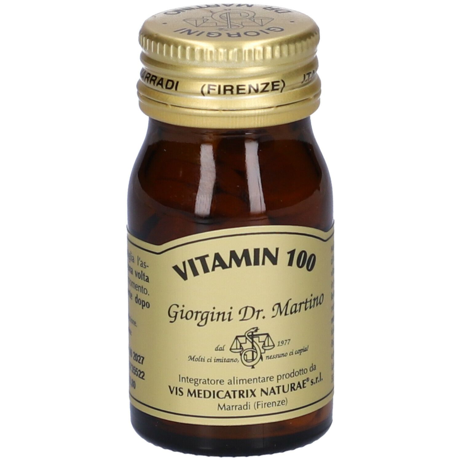 Flacone di vetro marrone con tappo dorato. Etichetta "Vitamin 100" e "Giorgini Dr. Martino".