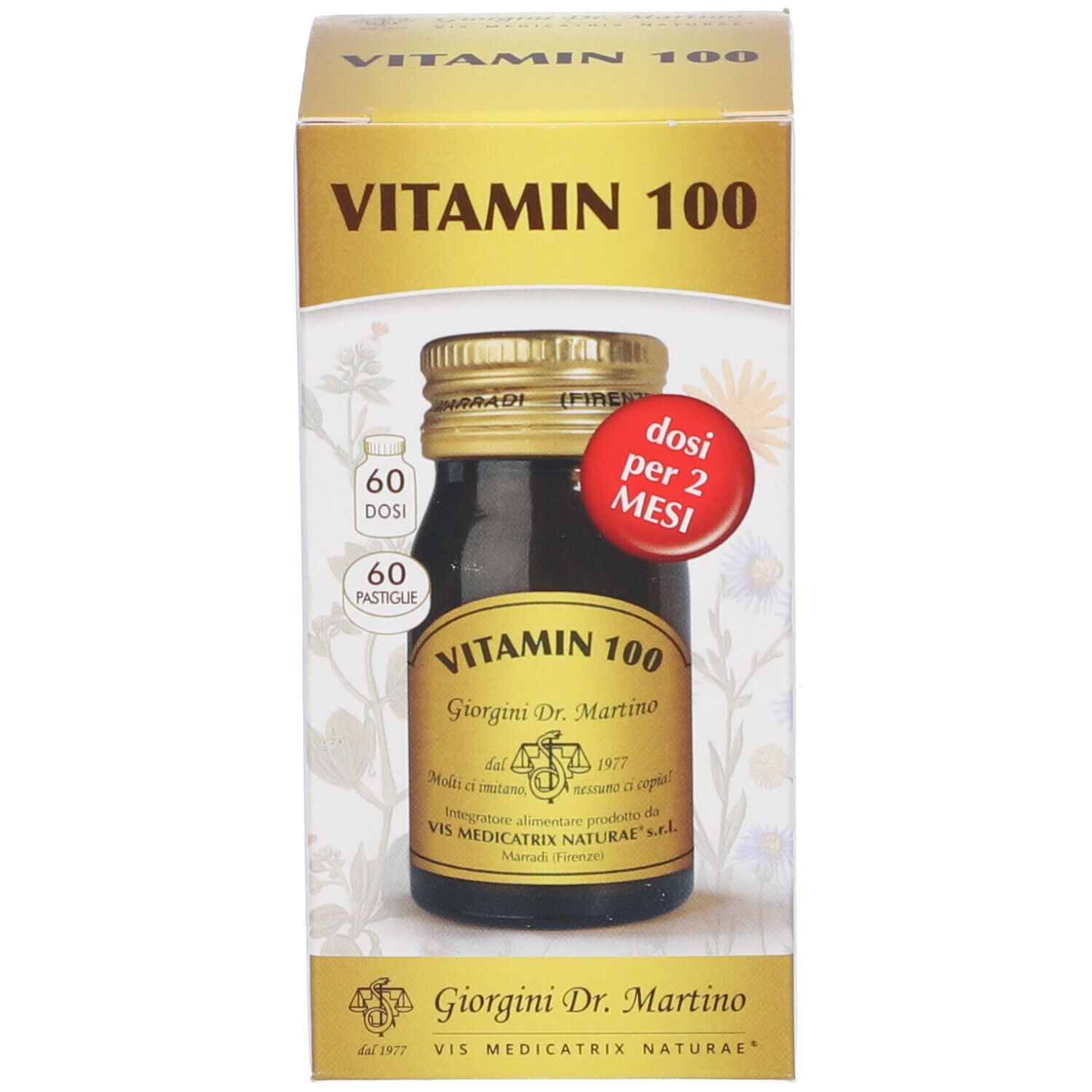 Flacone di vetro marrone con tappo dorato. Etichetta "Vitamin 100" e "Giorgini Dr. Martino". Accanto, confezione.