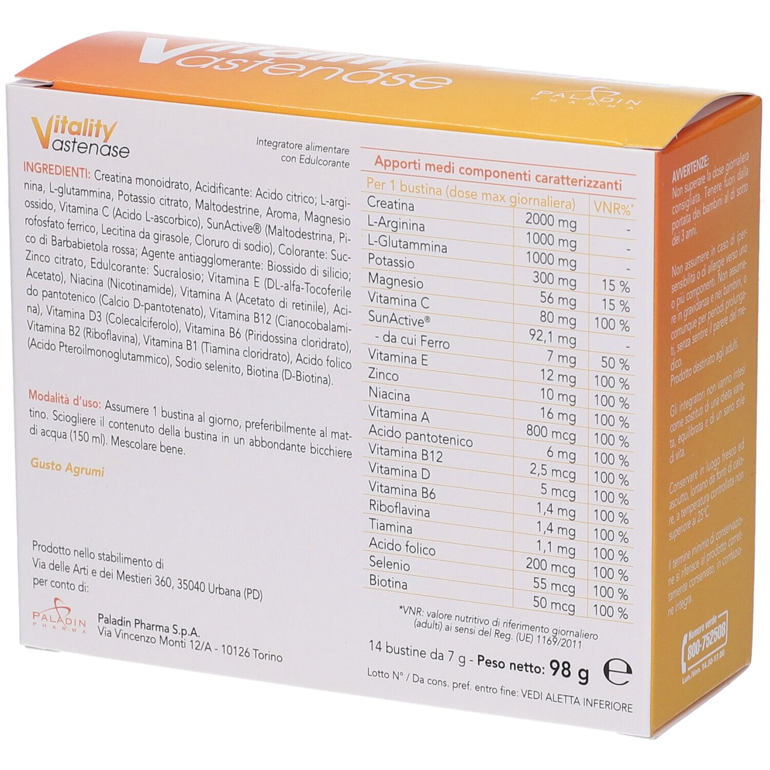 Vitality Vastenase Packung, Seitenansicht mit Zutatenliste und Nährwertangaben.