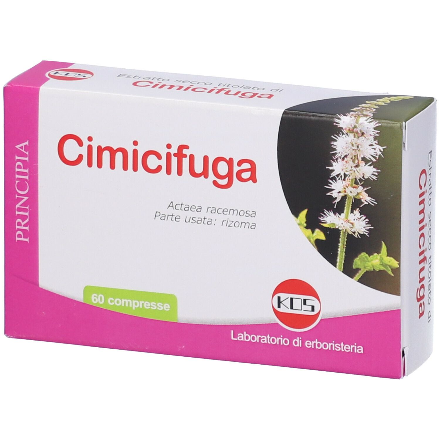Scatola bianca e rosa Cimicifuga, 60 compresse. Logo KOS e illustrazione botanica. Scritta in italiano.