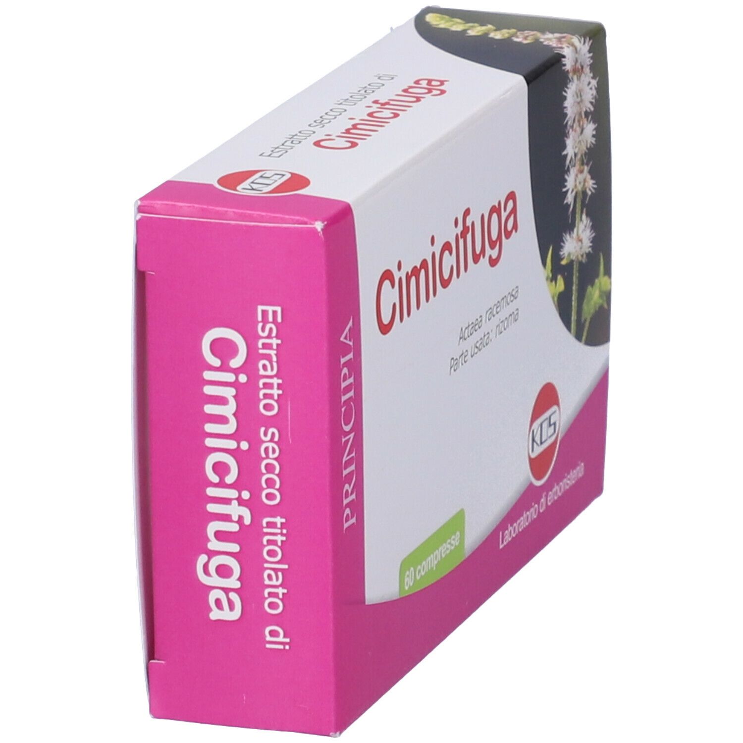 Scatola Cimicifuga, 60 compresse. Logo KOS e illustrazione botanica. Rosa e bianco.