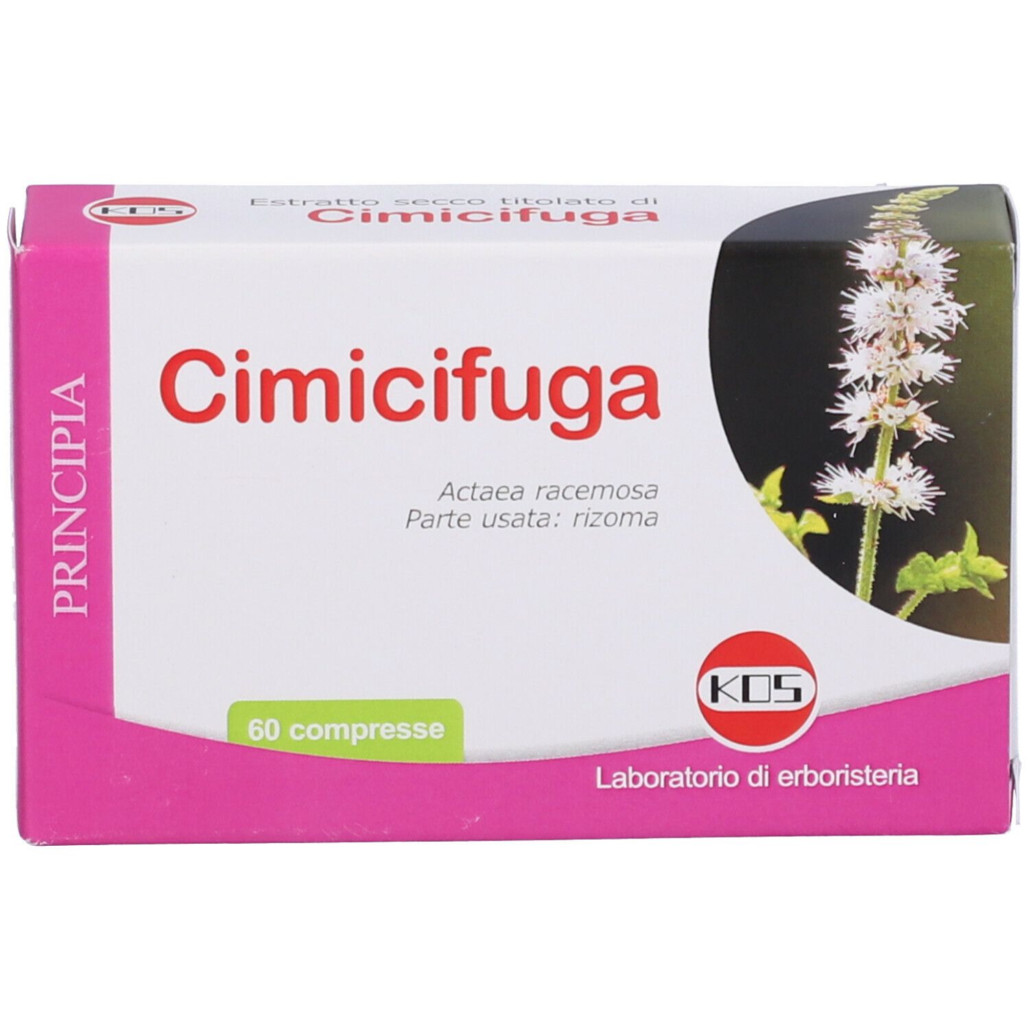 Scatola bianca e rosa Cimicifuga, 60 compresse. Logo KOS e illustrazione botanica. Scritta in italiano.