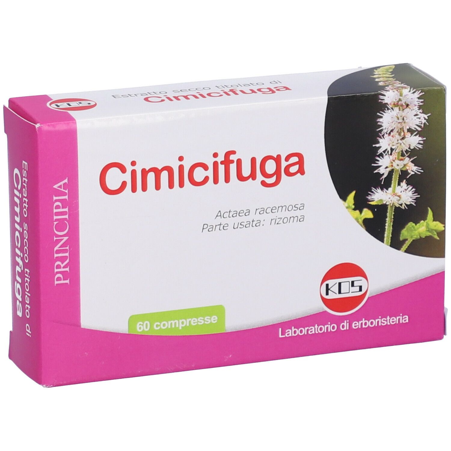 Scatola Cimicifuga, 60 compresse. Logo KOS e illustrazione botanica. Rosa e bianco.