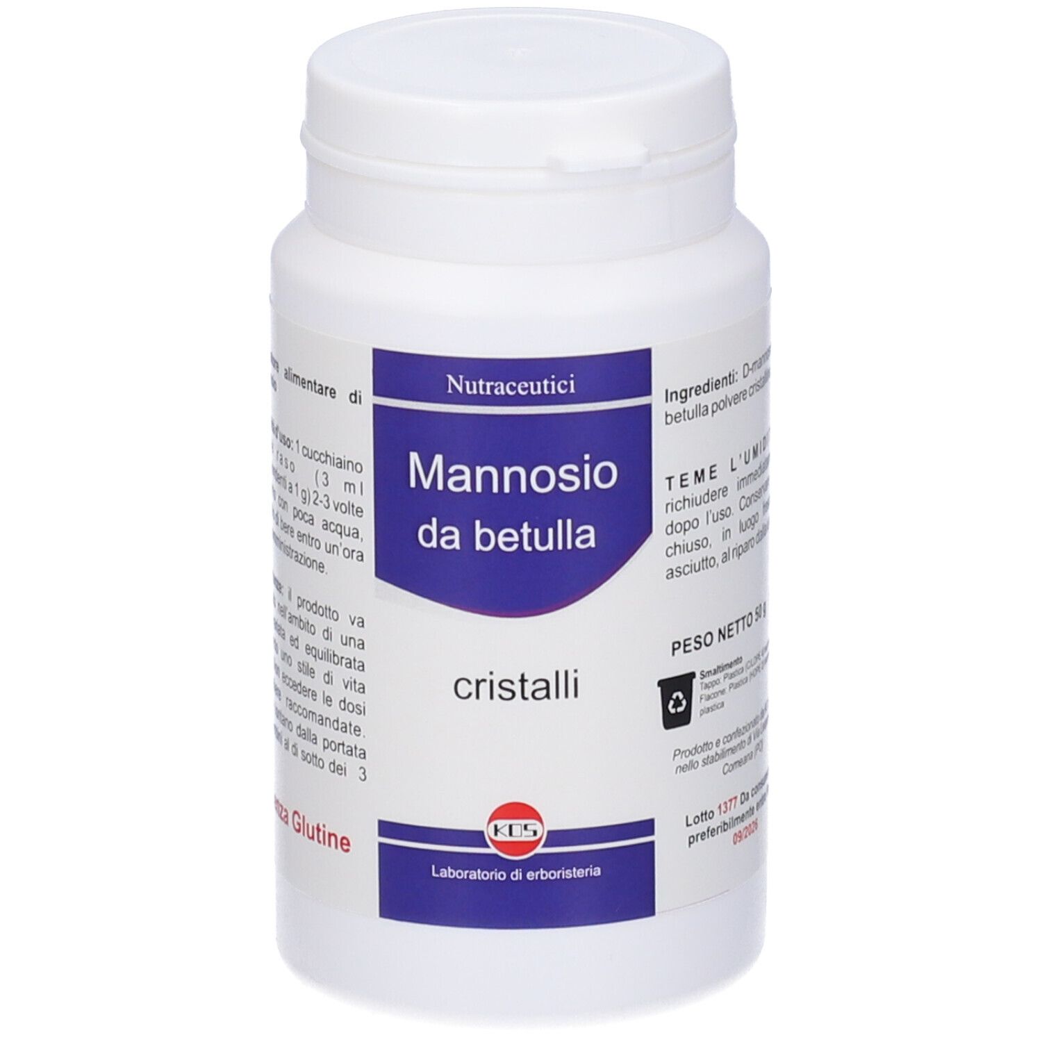 Flacon blanc avec 'Mannosio da betulla' et cristaux. Contient des informations et le logo KOS.