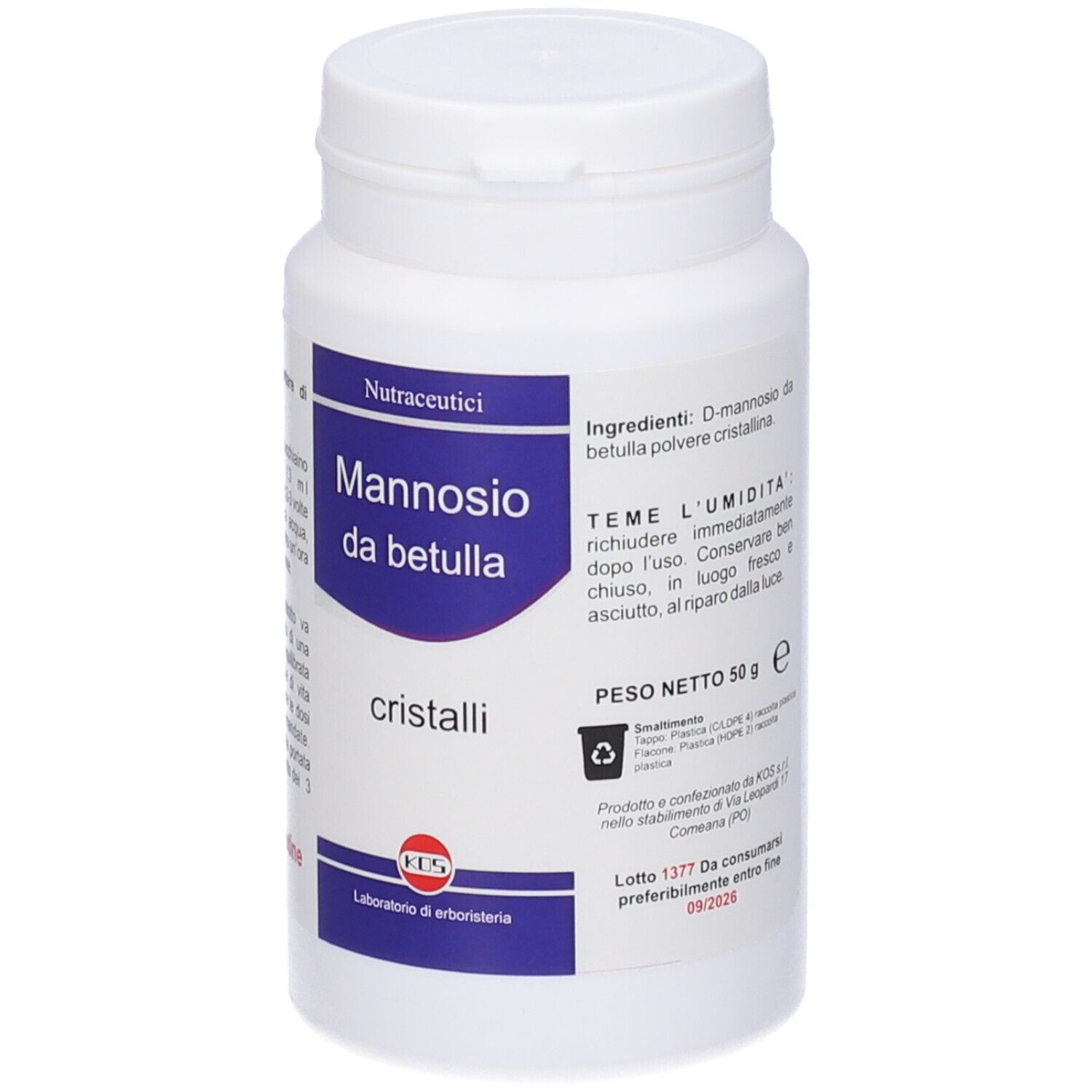 Flacon blanc avec 'Mannosio da betulla' et cristaux. Contient des informations et le logo KOS.