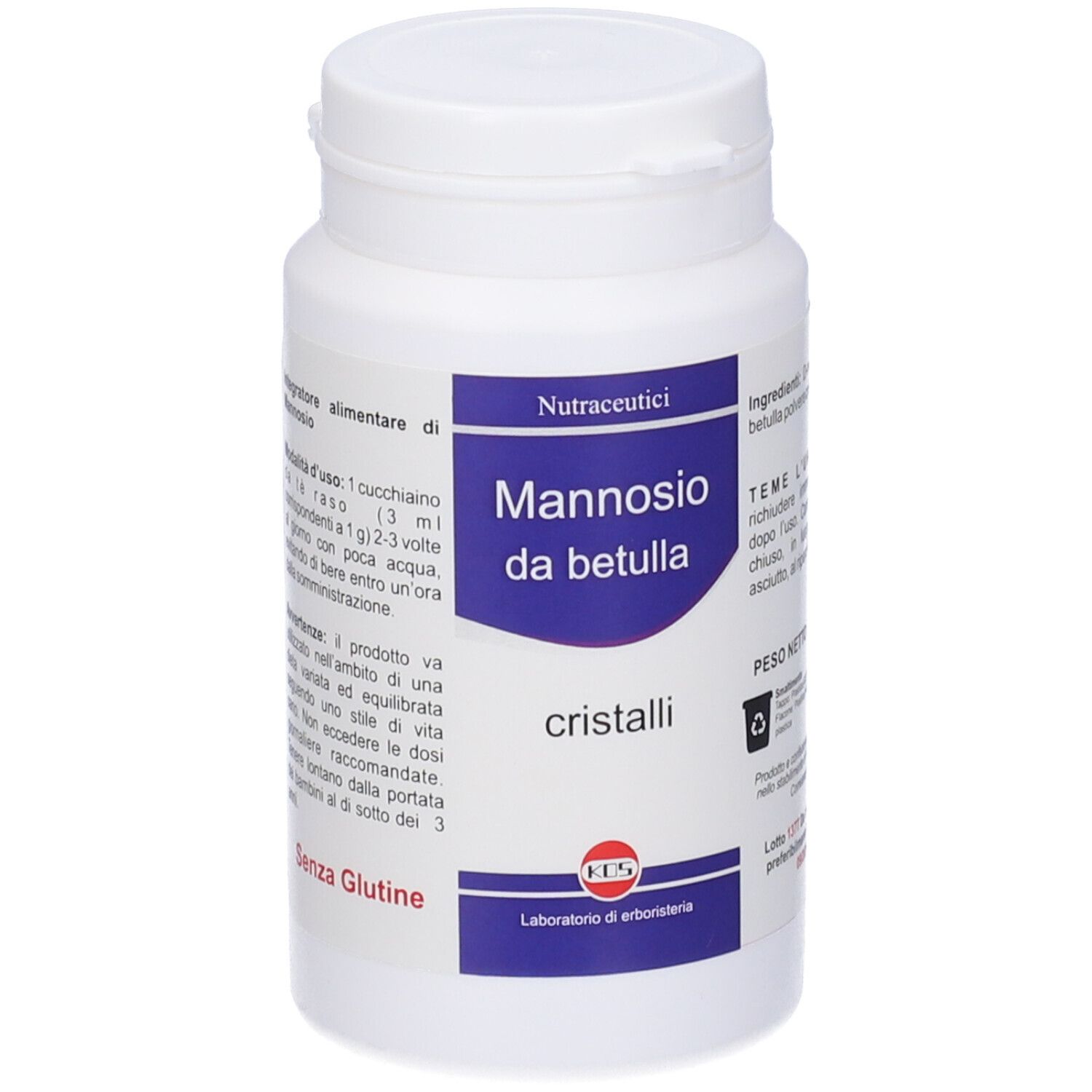 Flacon blanc avec 'Mannosio da betulla' et cristaux. Contient des informations et le logo KOS.