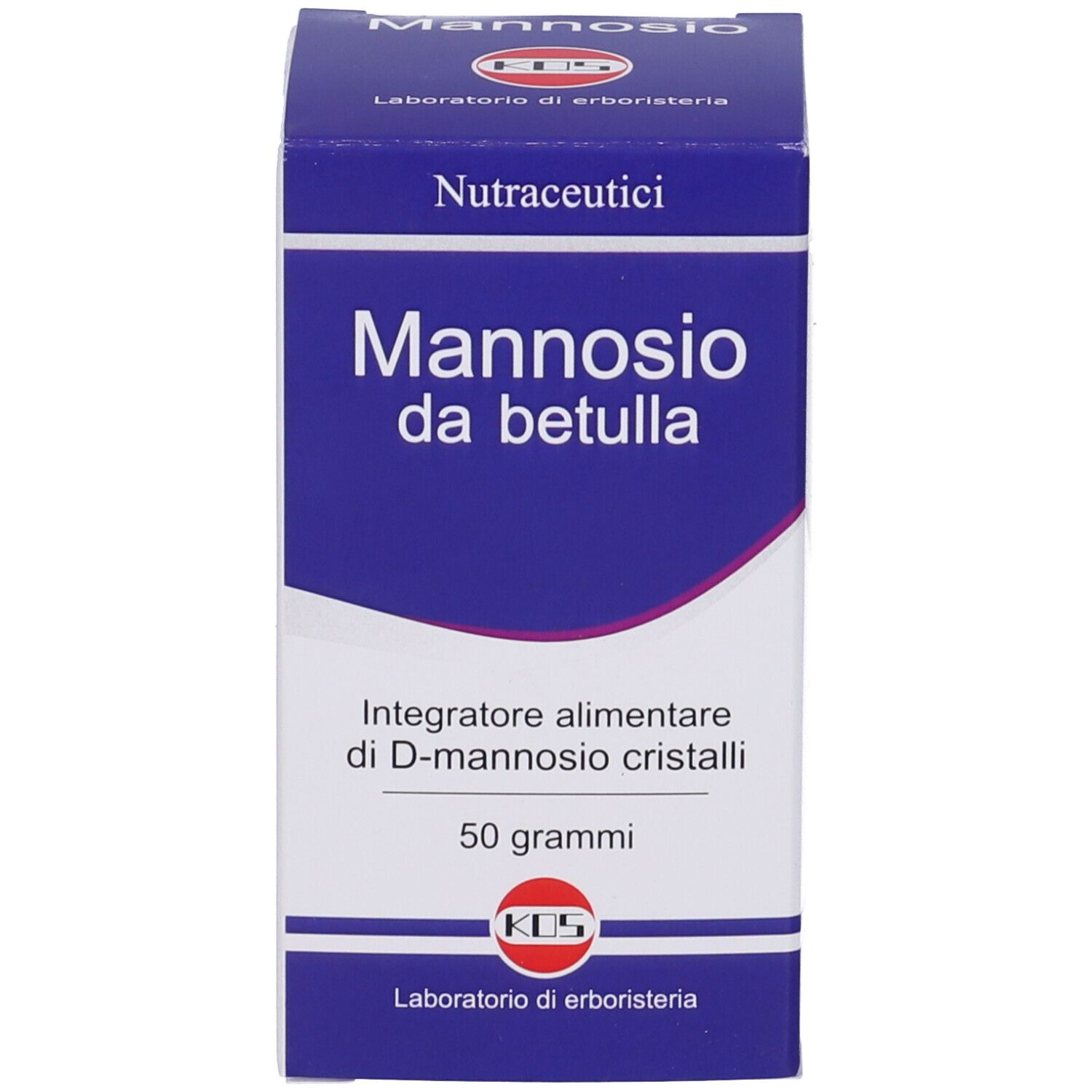 Boîte bleue avec 'Mannosio da betulla'. Contient 50 grammes de cristaux de D-mannose.