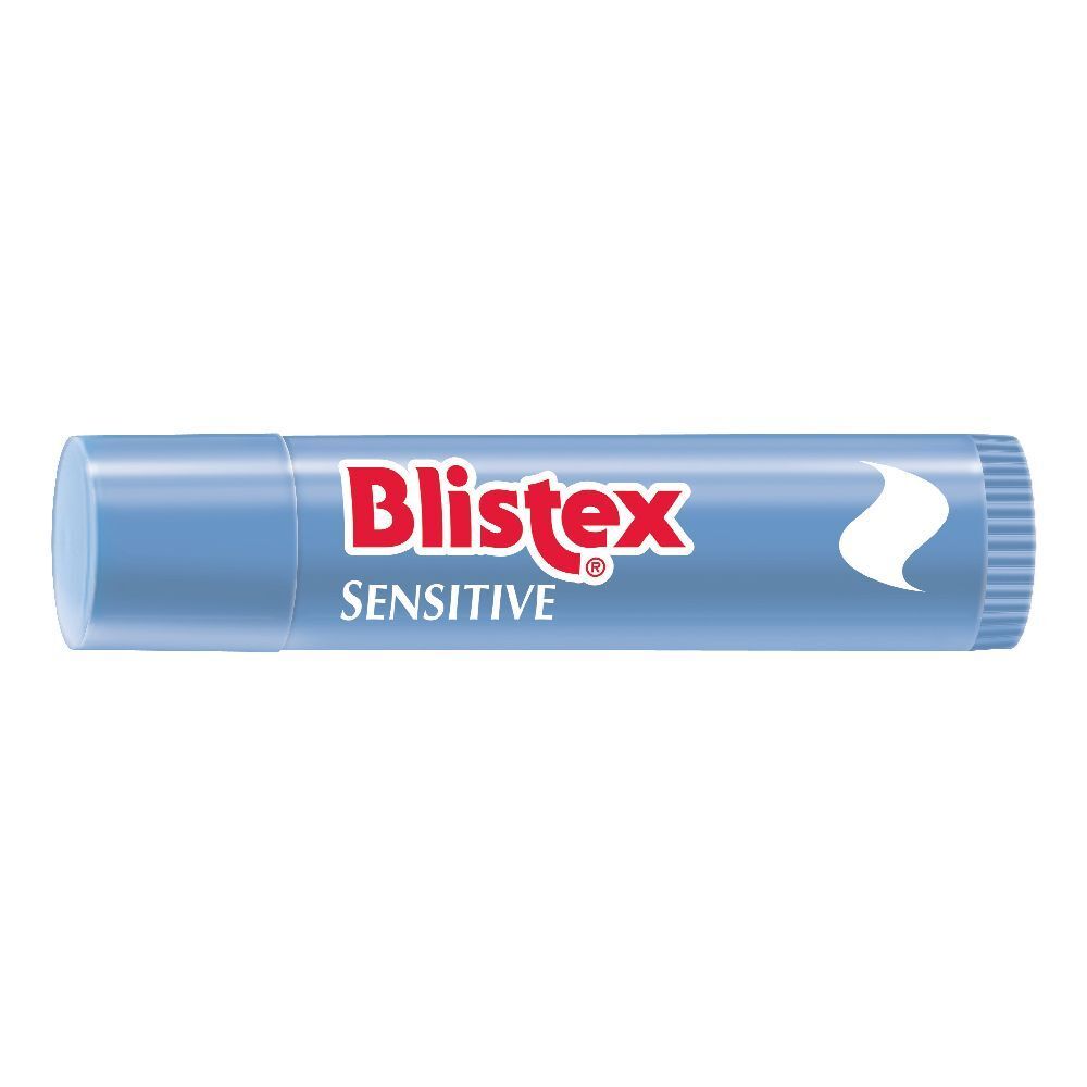 Stick labbra azzurro chiaro con scritta rossa "Blistex Sensitive". Grafica a fiamma bianca. Forma cilindrica.