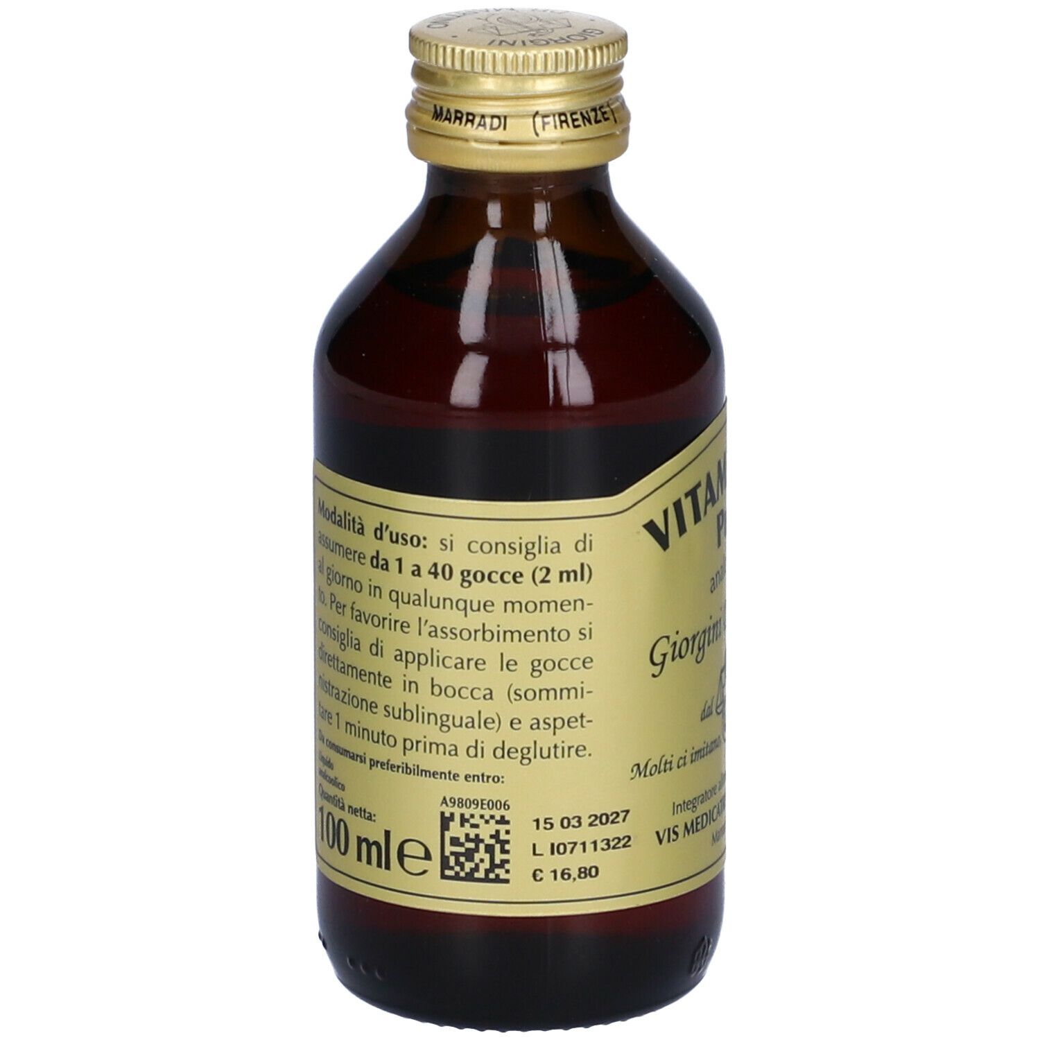 Flacon en verre brun avec bouchon doré. Étiquette avec texte et code QR. 100 ml.