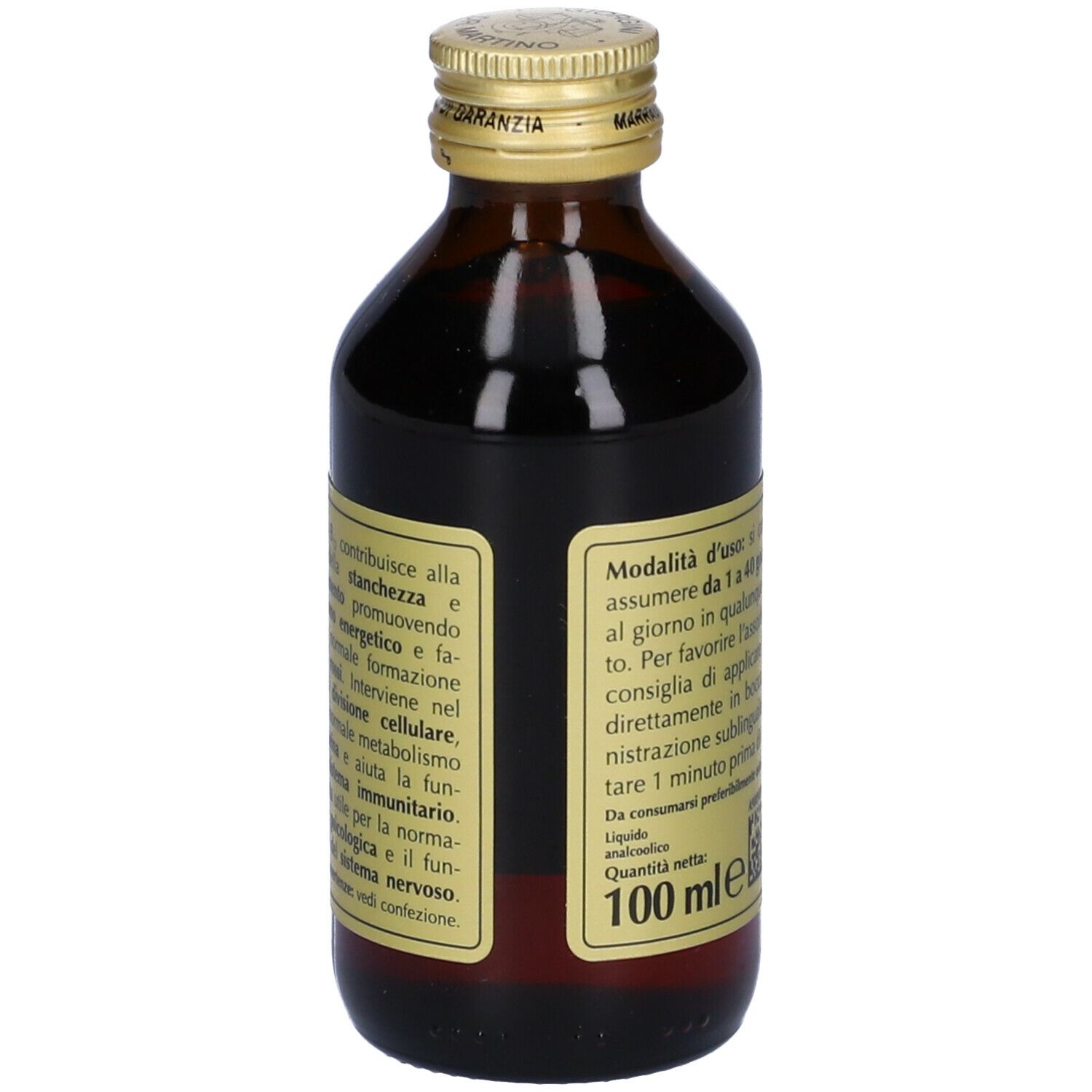 Flacon en verre brun avec bouchon doré. Étiquette avec texte. 100 ml.