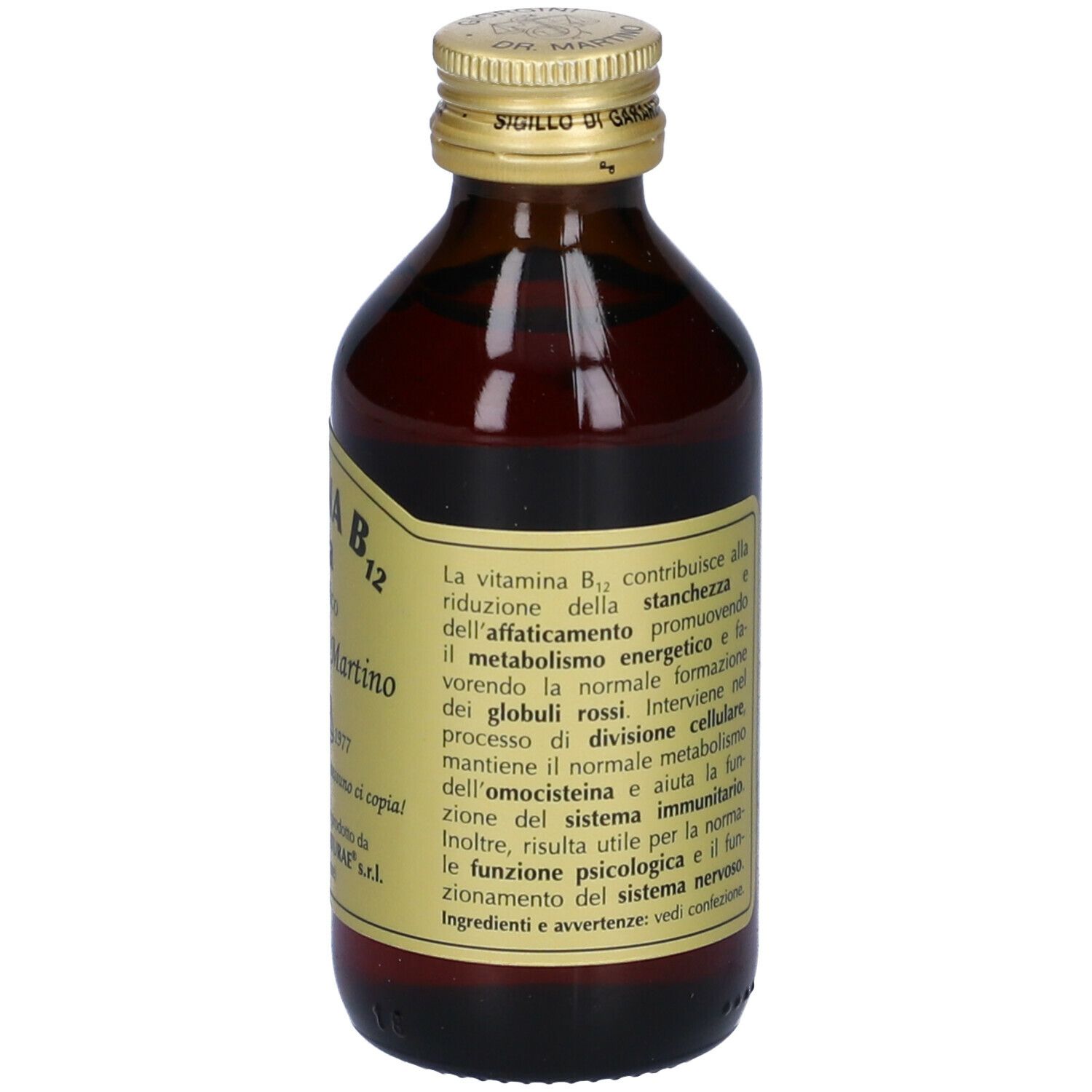 Flacon en verre brun avec bouchon doré. Étiquette avec texte : VITAMINA B12 Pura, Giorgini Dr. Martino.